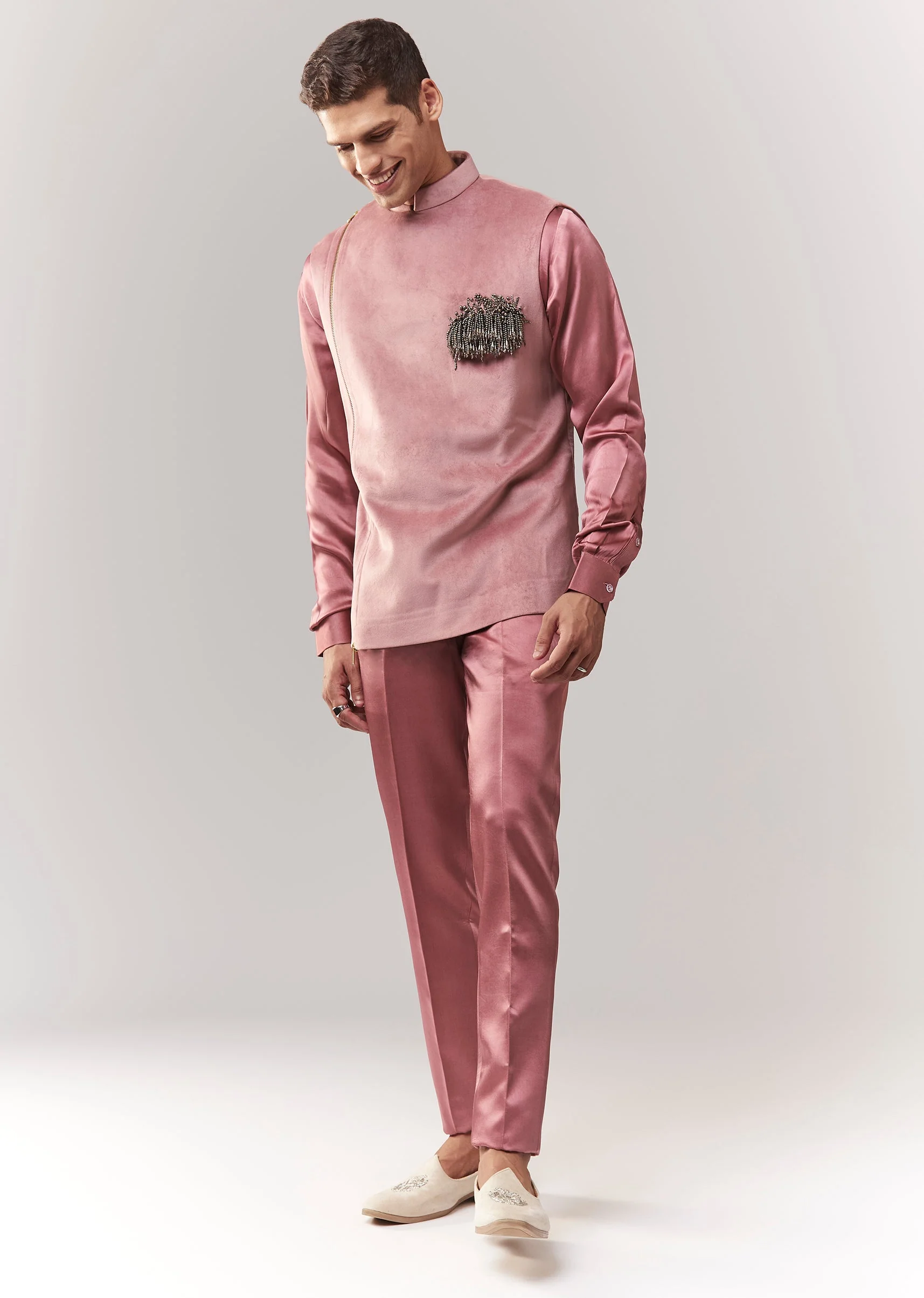 Pink Suede Patch Pocket Bandi Set With Tassels Stones And Beads