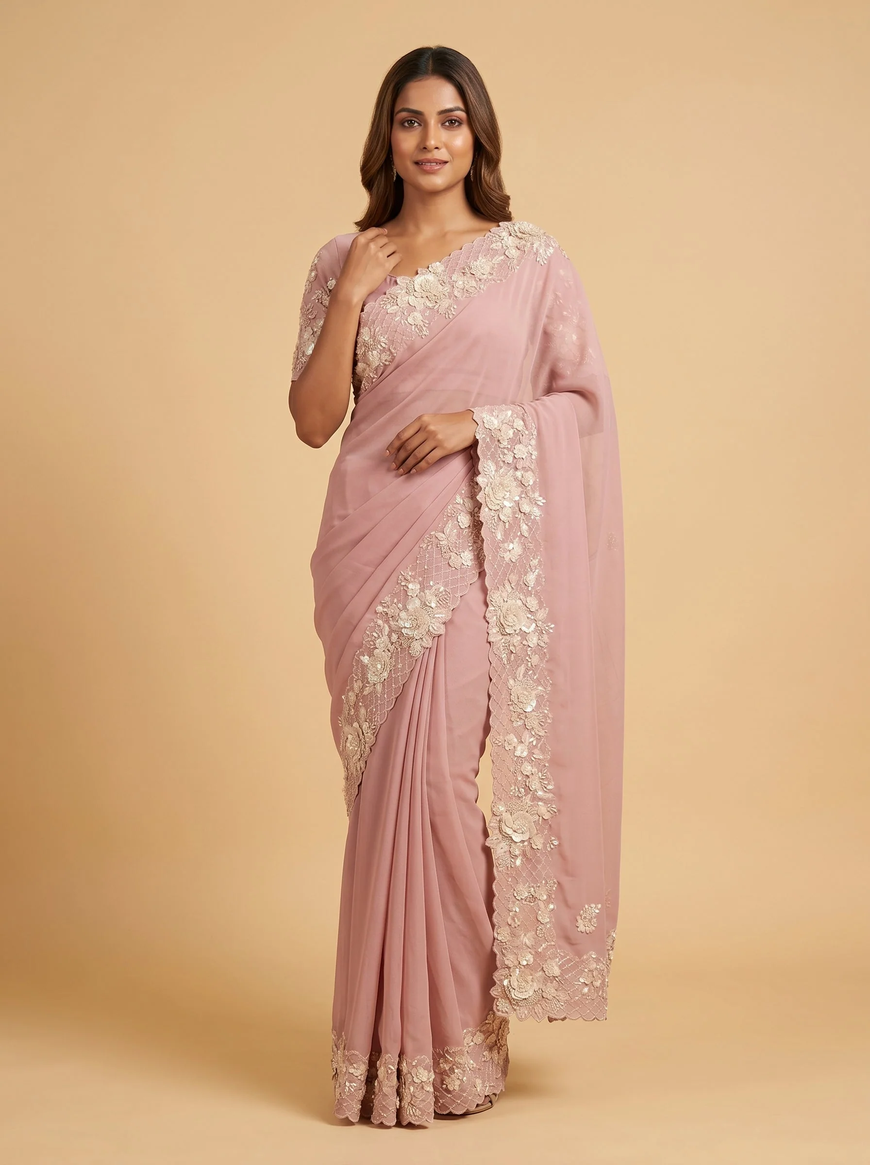 Pink Sweet Rosette Embroidered Saree
