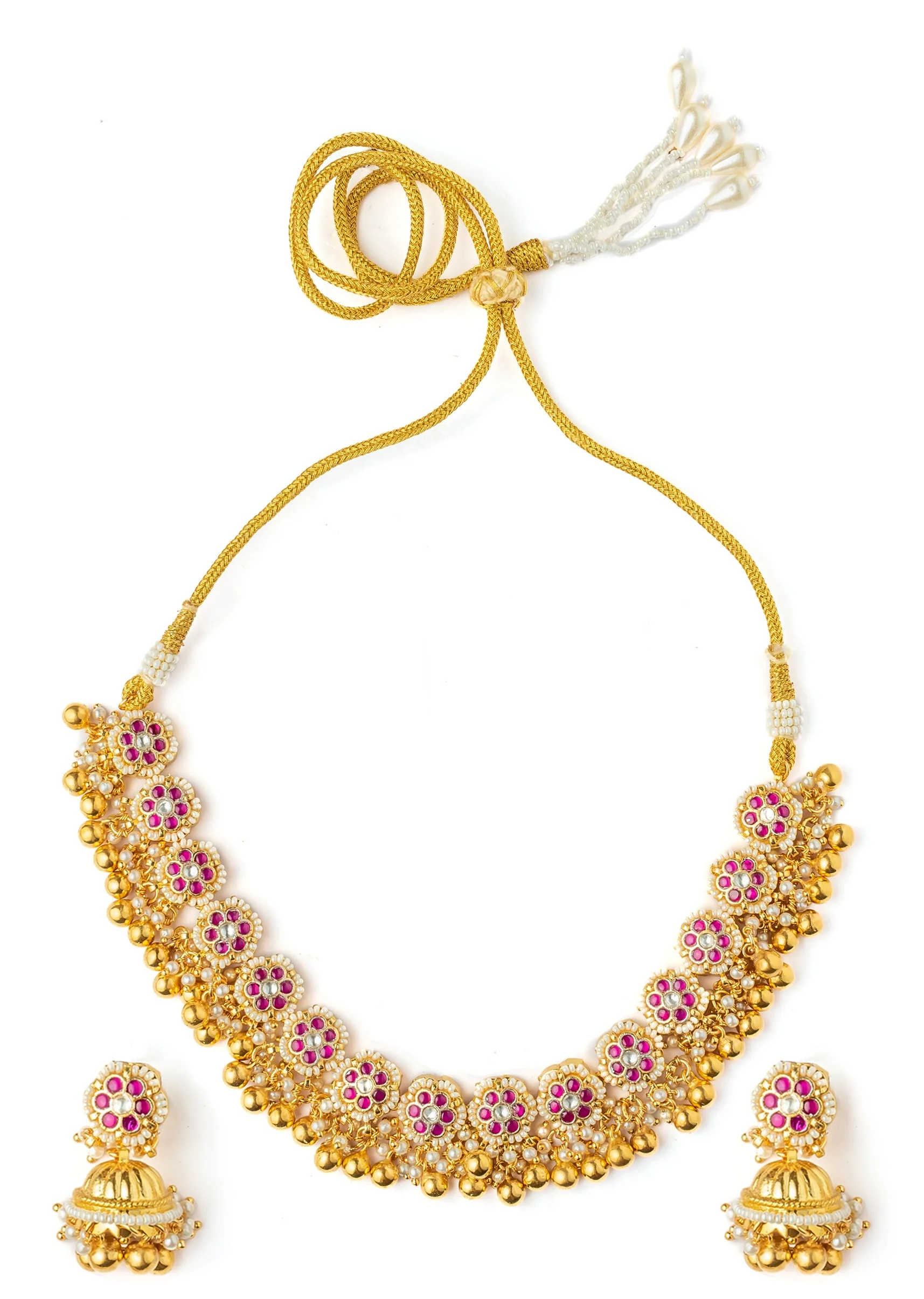 Pink Synthetic Gold Plated Stone Necklace Set With Earrings - Image 2