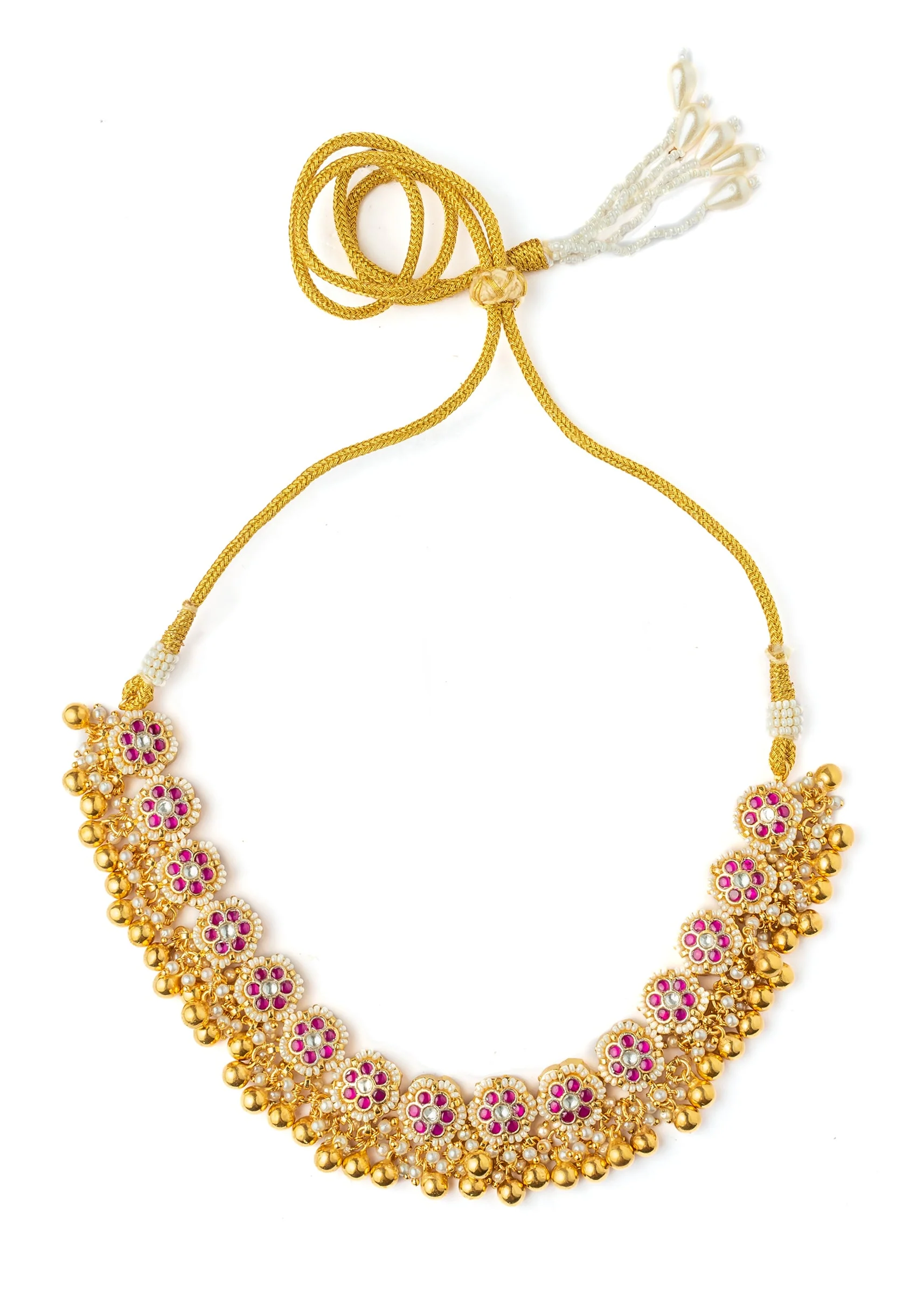 Pink Synthetic Gold Plated Stone Necklace Set With Earrings - Image 3