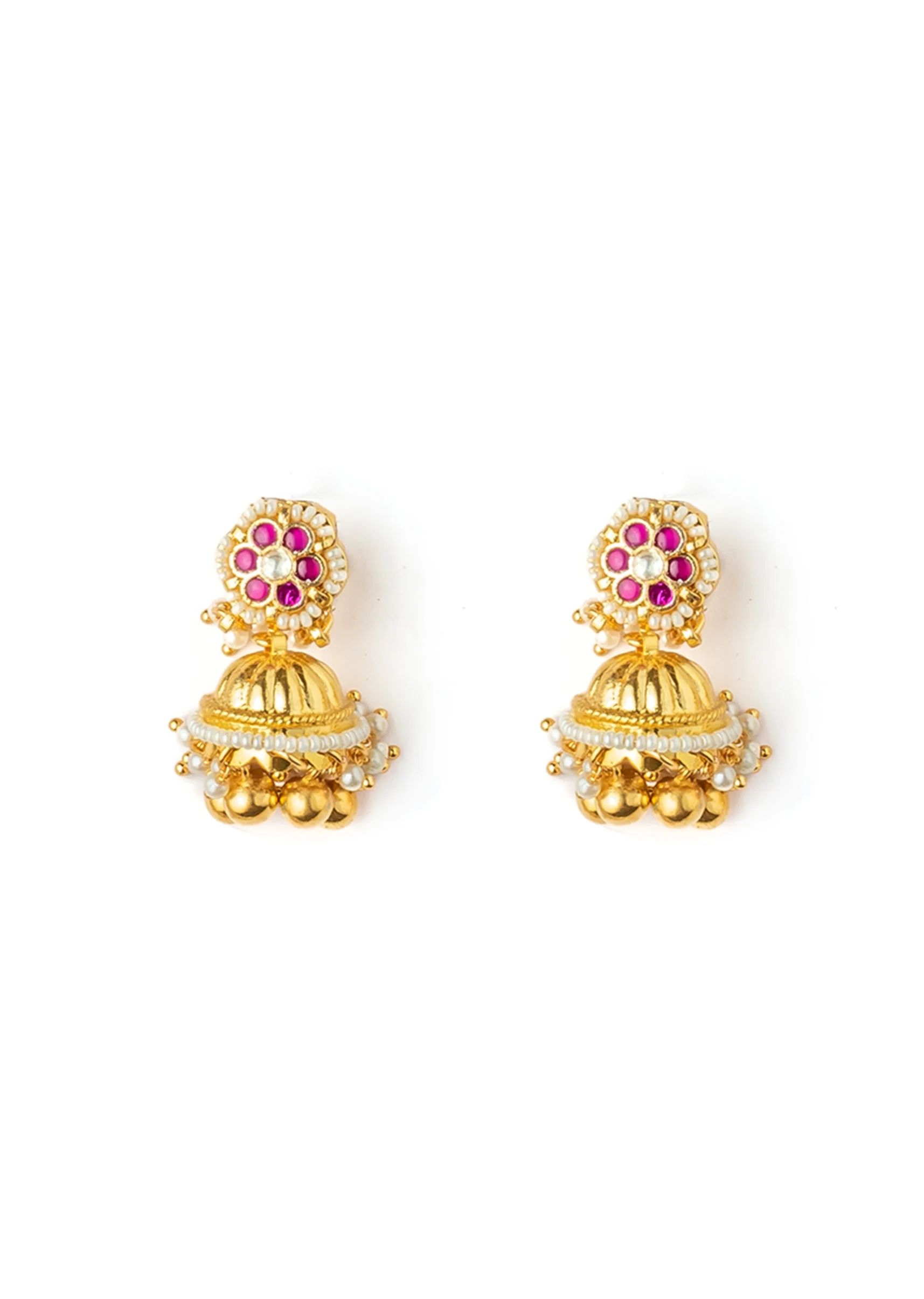 Pink Synthetic Gold Plated Stone Necklace Set With Earrings - Image 4