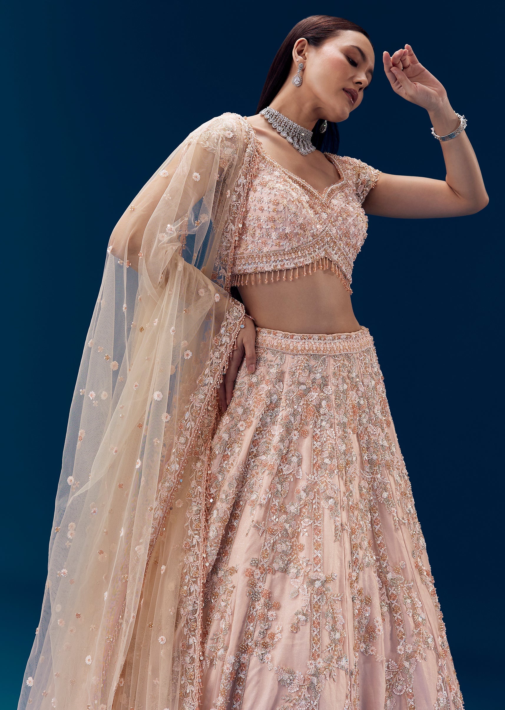 Pink Thread Embroidered Bridal Lehenga Set - Image 5