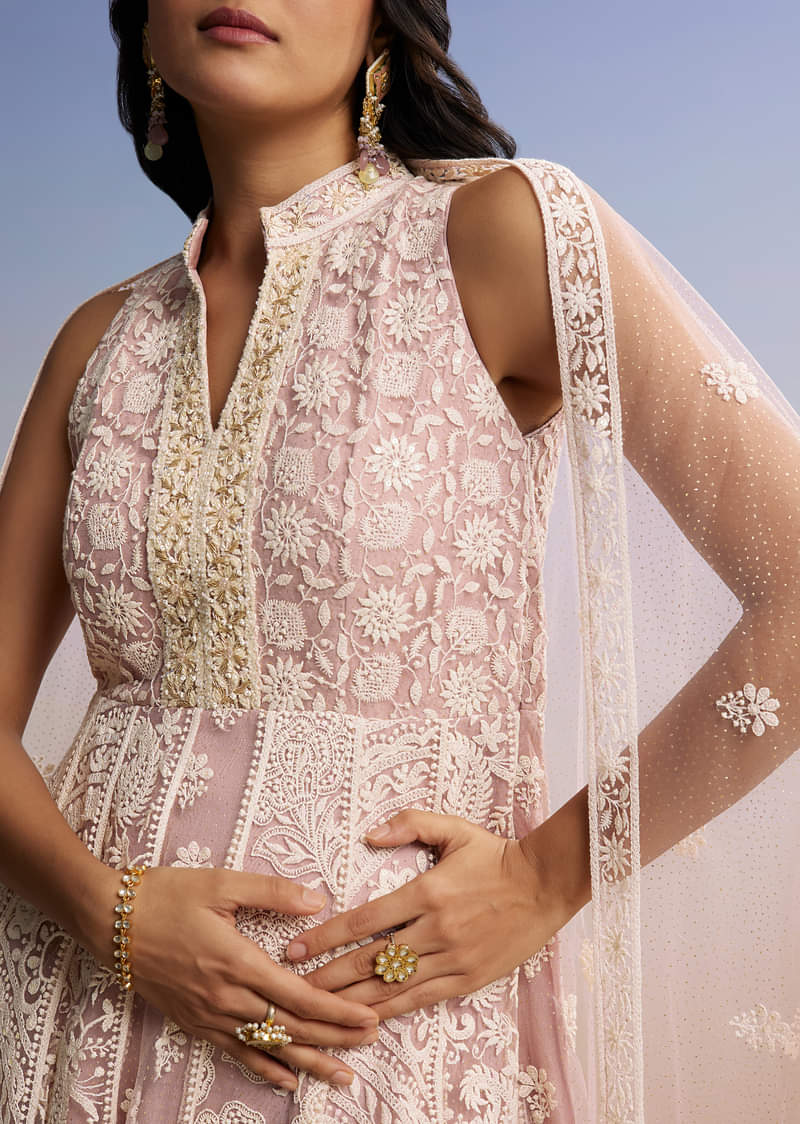 Pink Threadwork Anarkali With Dupatta - Image 2