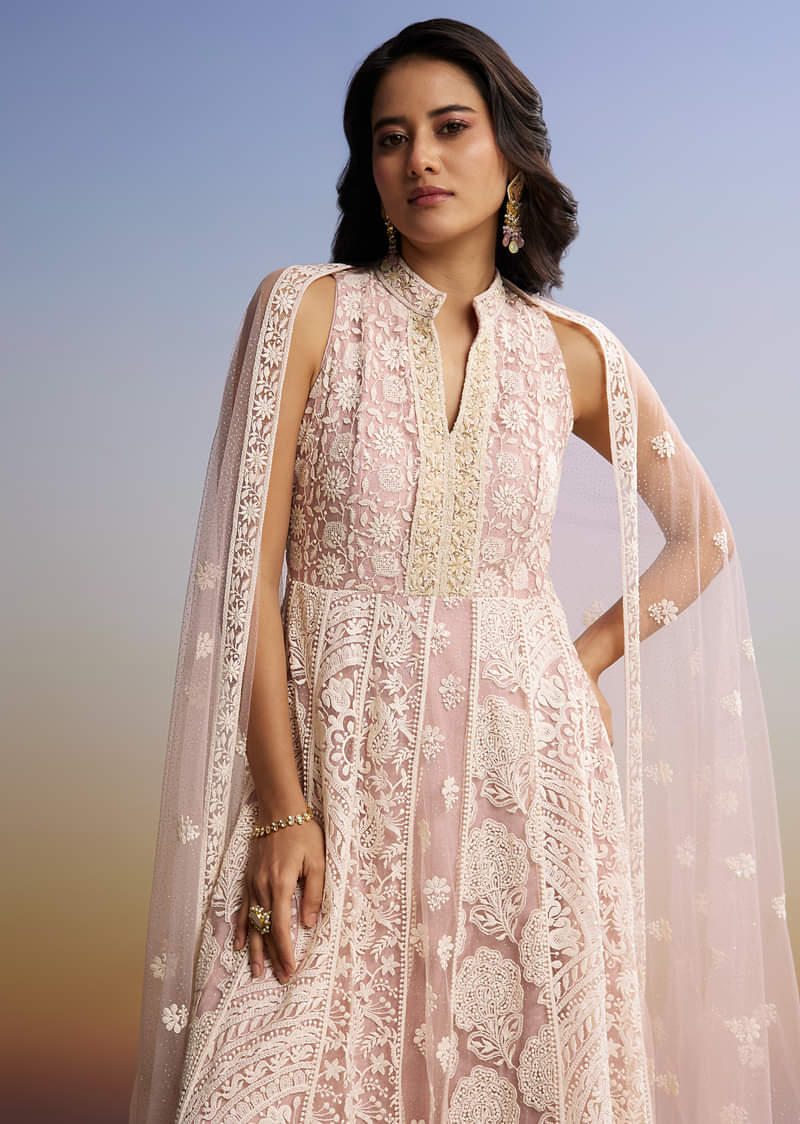 Pink Threadwork Anarkali With Dupatta - Image 3