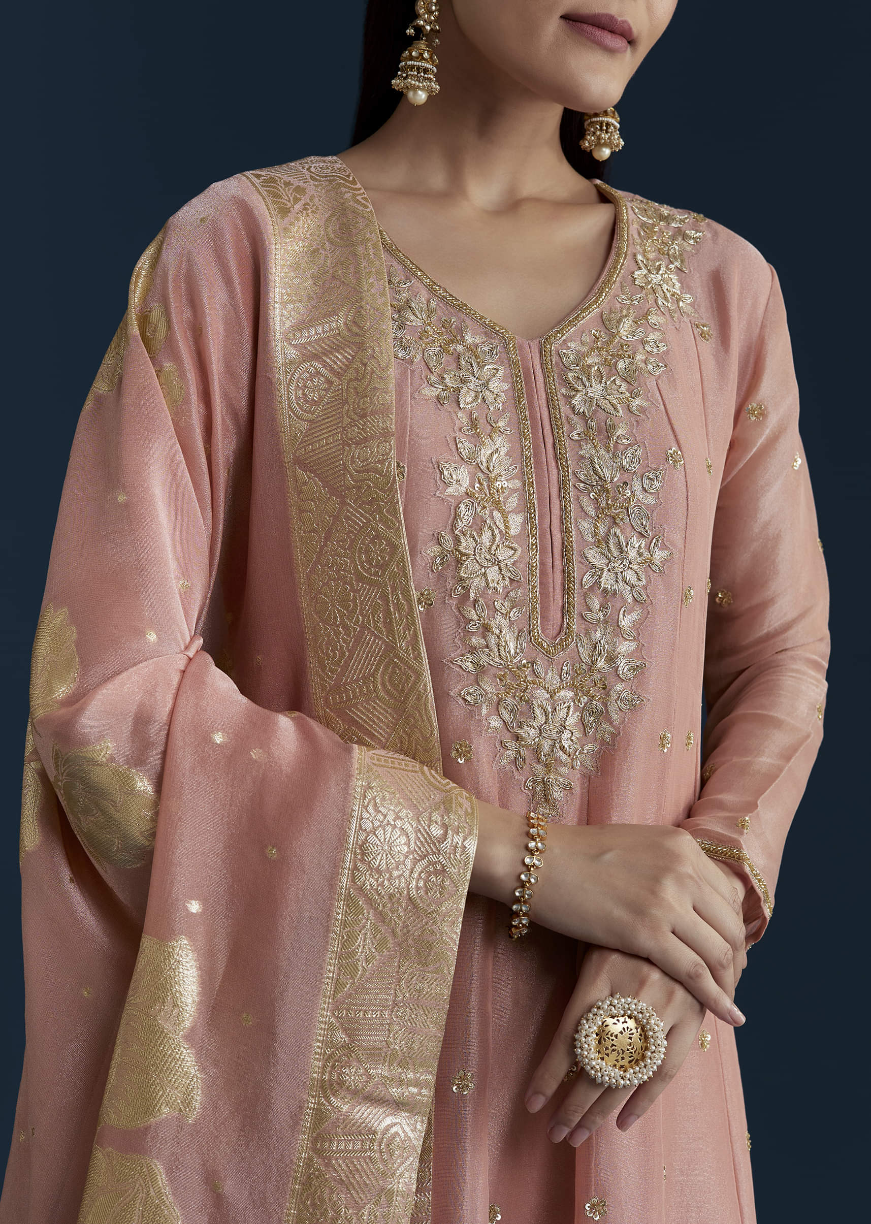 Pink Tissue Anarkali Set with Zardozi Work - Image 2