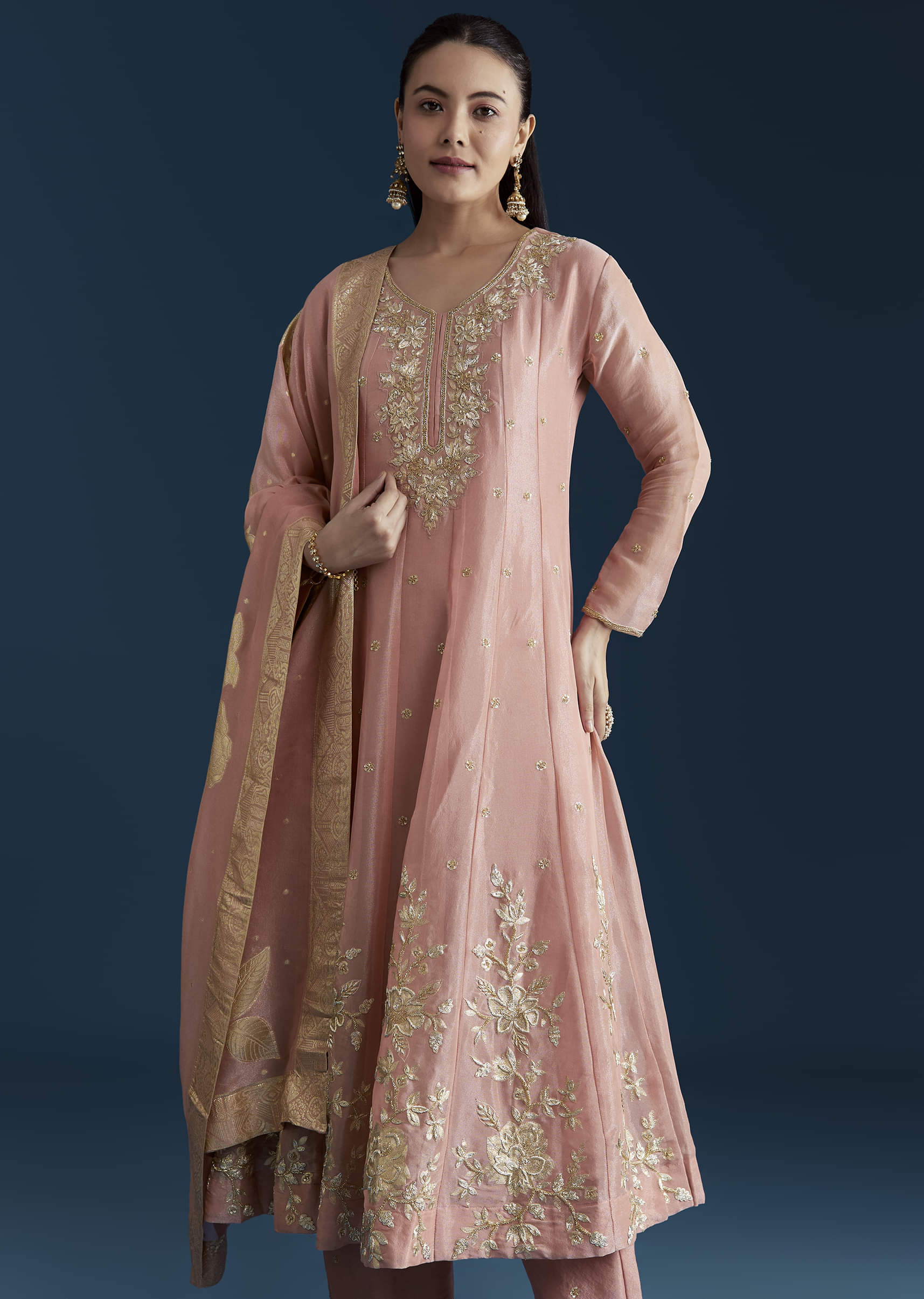 Pink Tissue Anarkali Set with Zardozi Work - Image 4