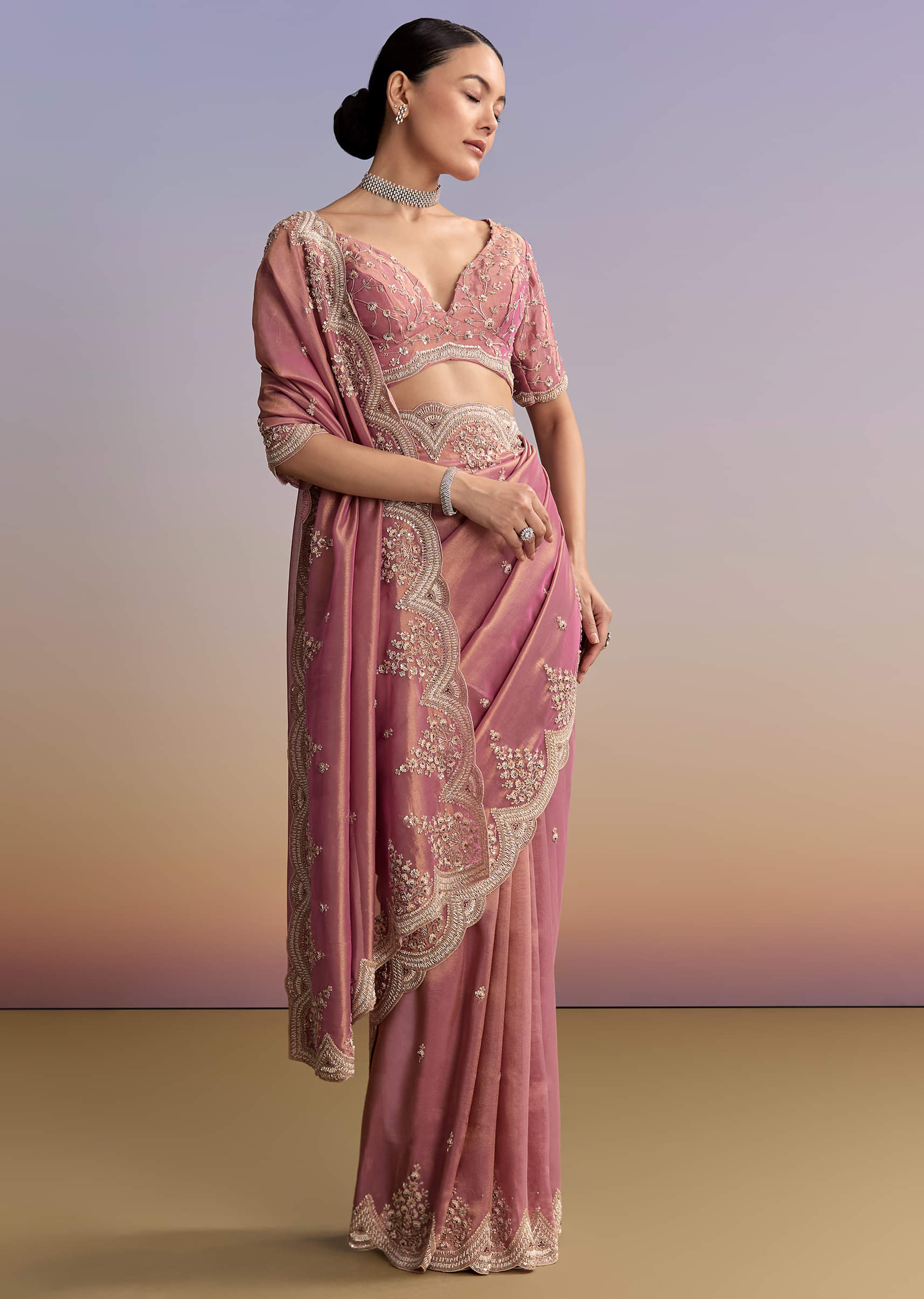 Pink Tissue Embroidered Saree With Sequin And Stone Work - Image 3