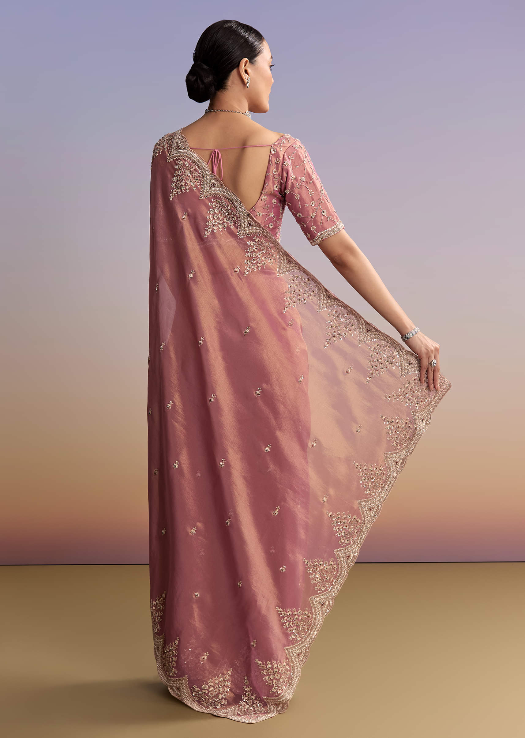 Pink Tissue Embroidered Saree With Sequin And Stone Work - Image 4