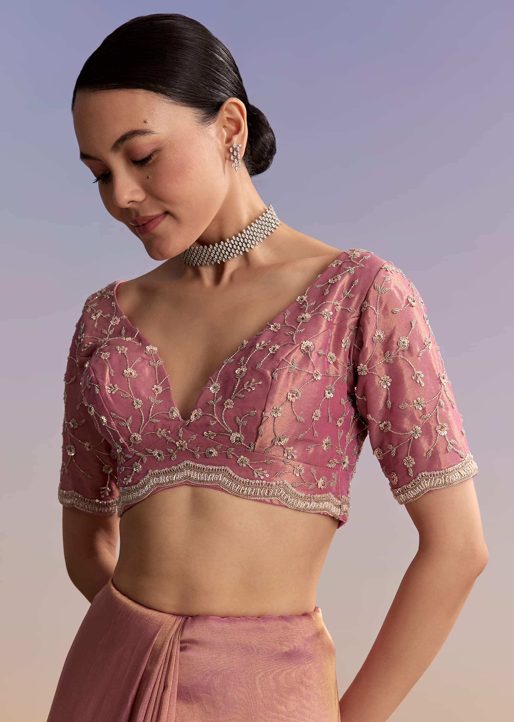 Pink Tissue Embroidered Saree With Sequin And Stone Work - Image 7