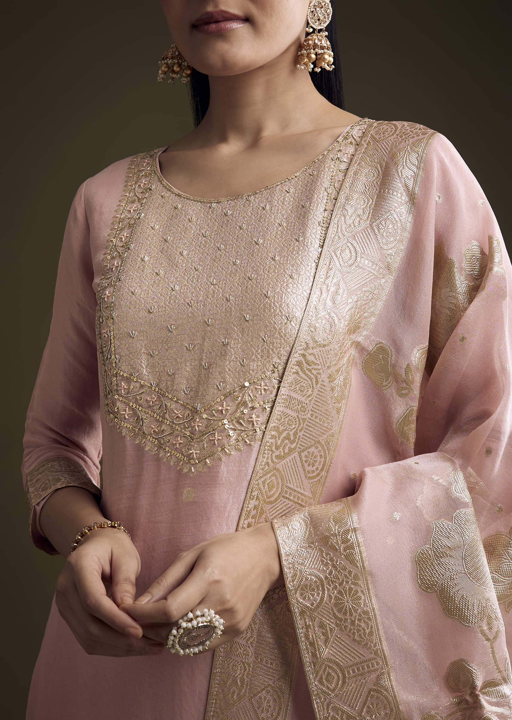 Pink Tissue Kurta Set With Zardosi Work And Banarasi Weave - Image 2