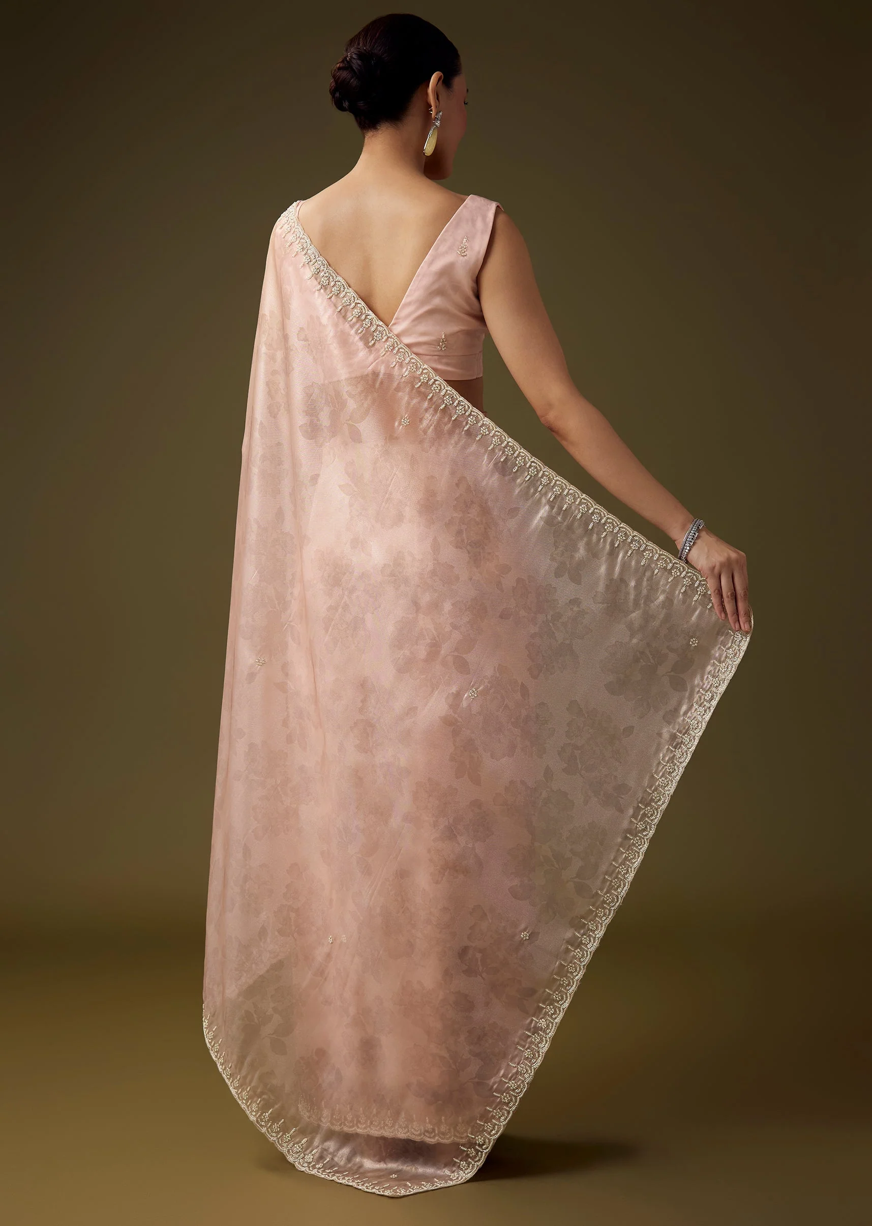 Pink Tissue Moti Embroidered Saree with Unstitched Blouse - Image 4
