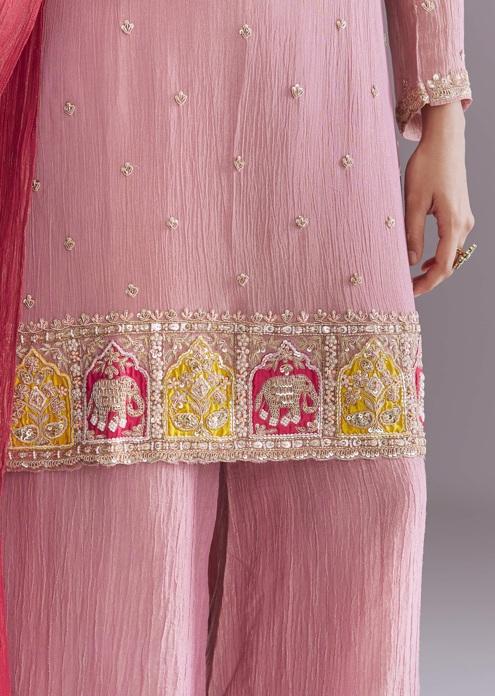 Pink Tissue Palazzo Suit With Embroidery And Contrast Dupatta - Image 2