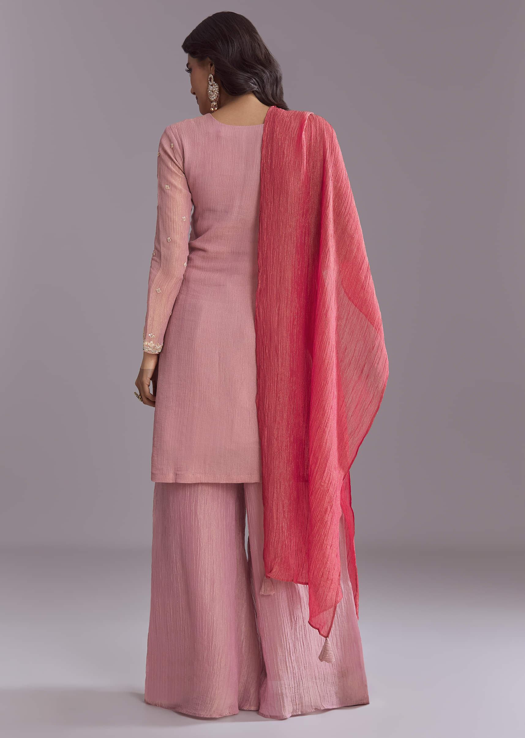 Pink Tissue Palazzo Suit With Embroidery And Contrast Dupatta - Image 5