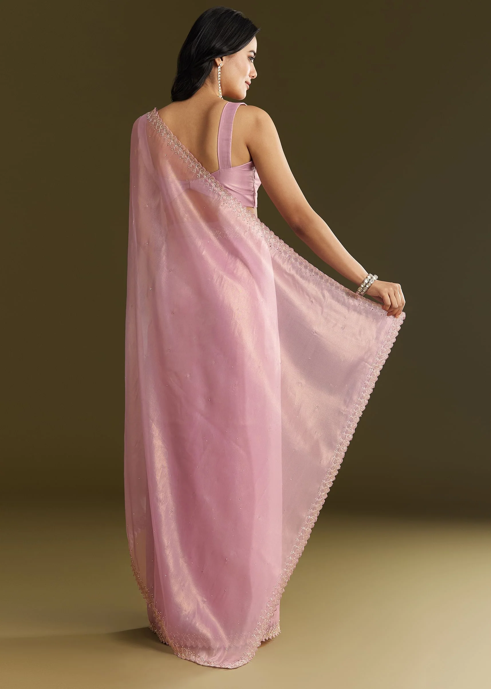 Pink Tissue Saree With All Over Stone Embellishment And Cutdana Scallop Border - Image 6