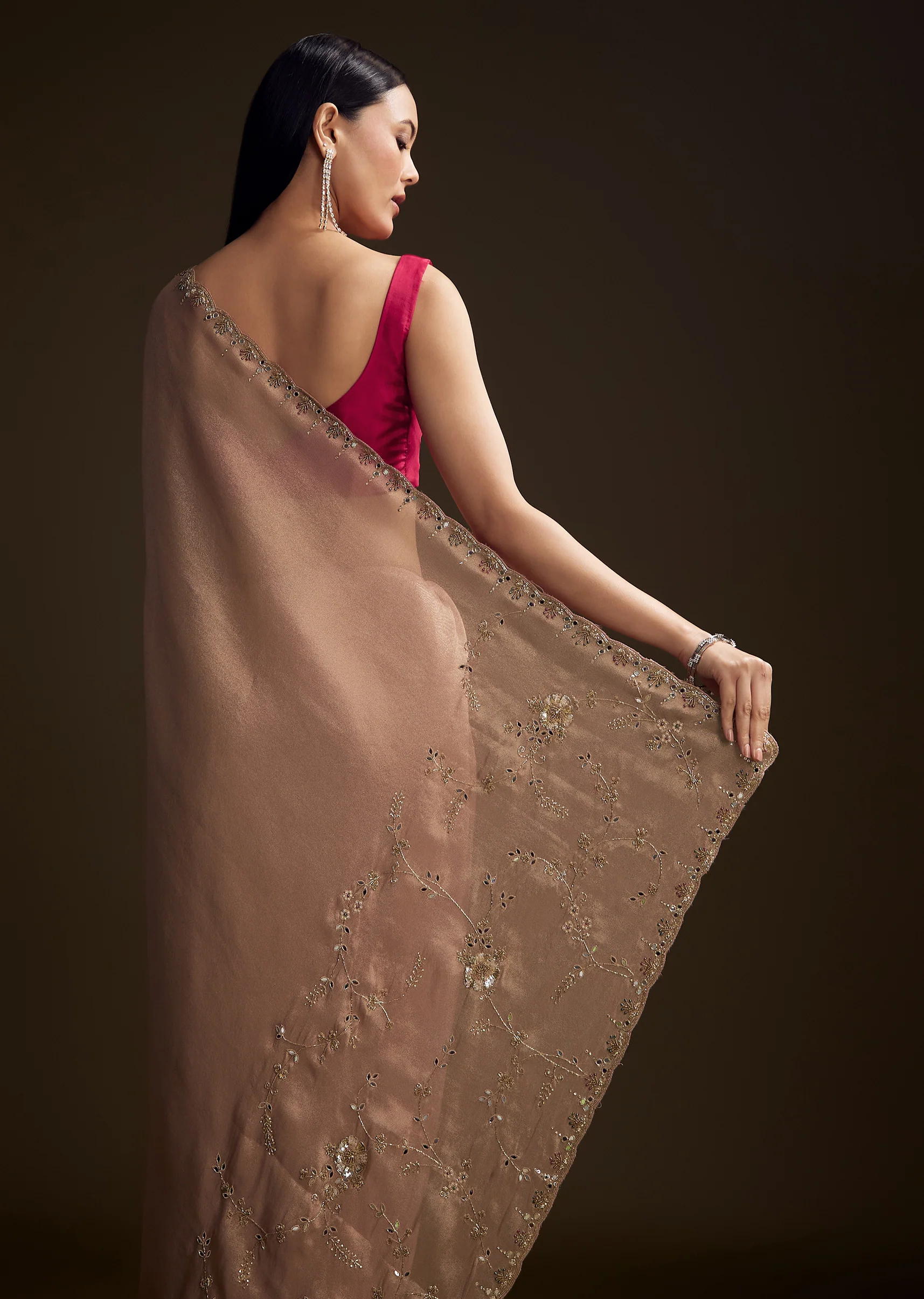 Pink Tissue Saree With Cutdana And Mirror Embroidery - Image 6