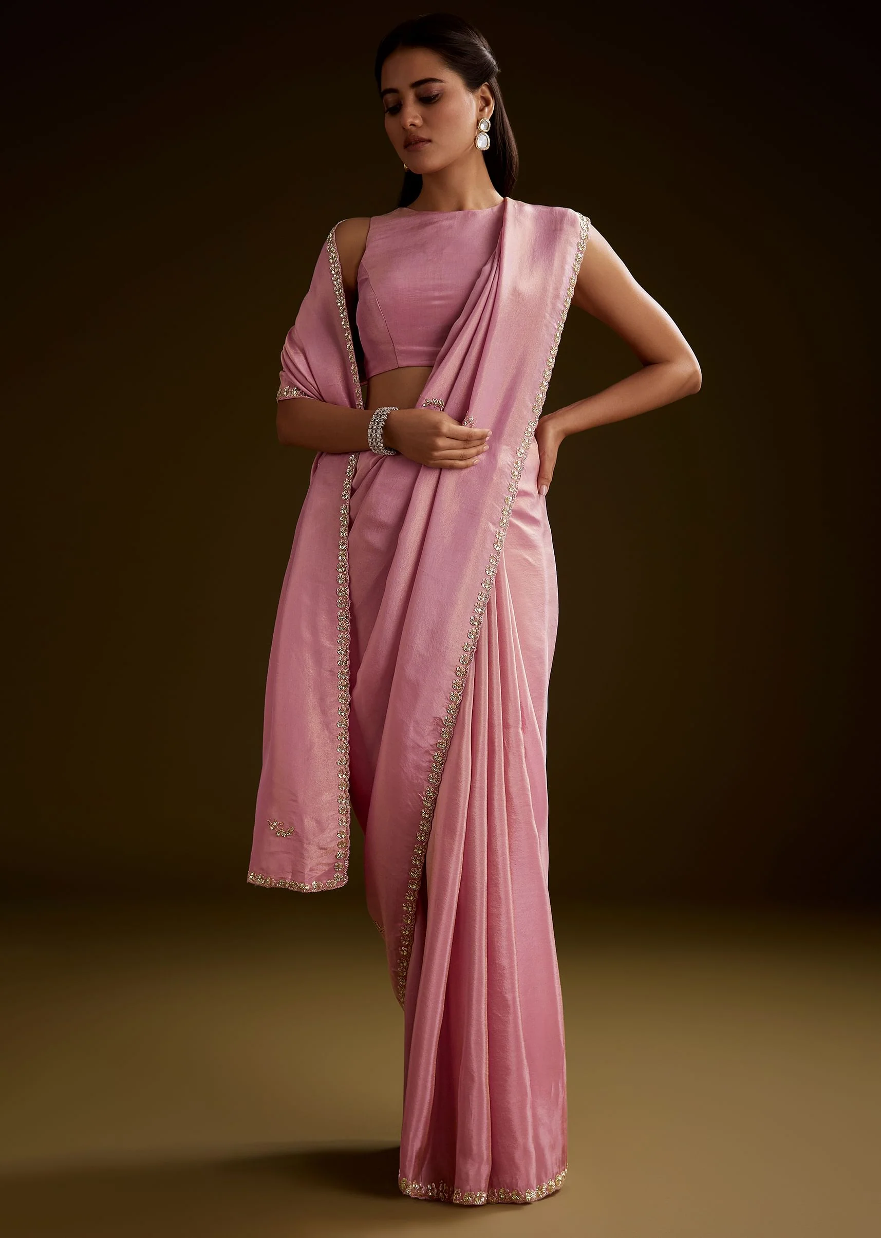 Pink Tissue Saree With Cutdana Embroidery And Scallop Border - Image 2