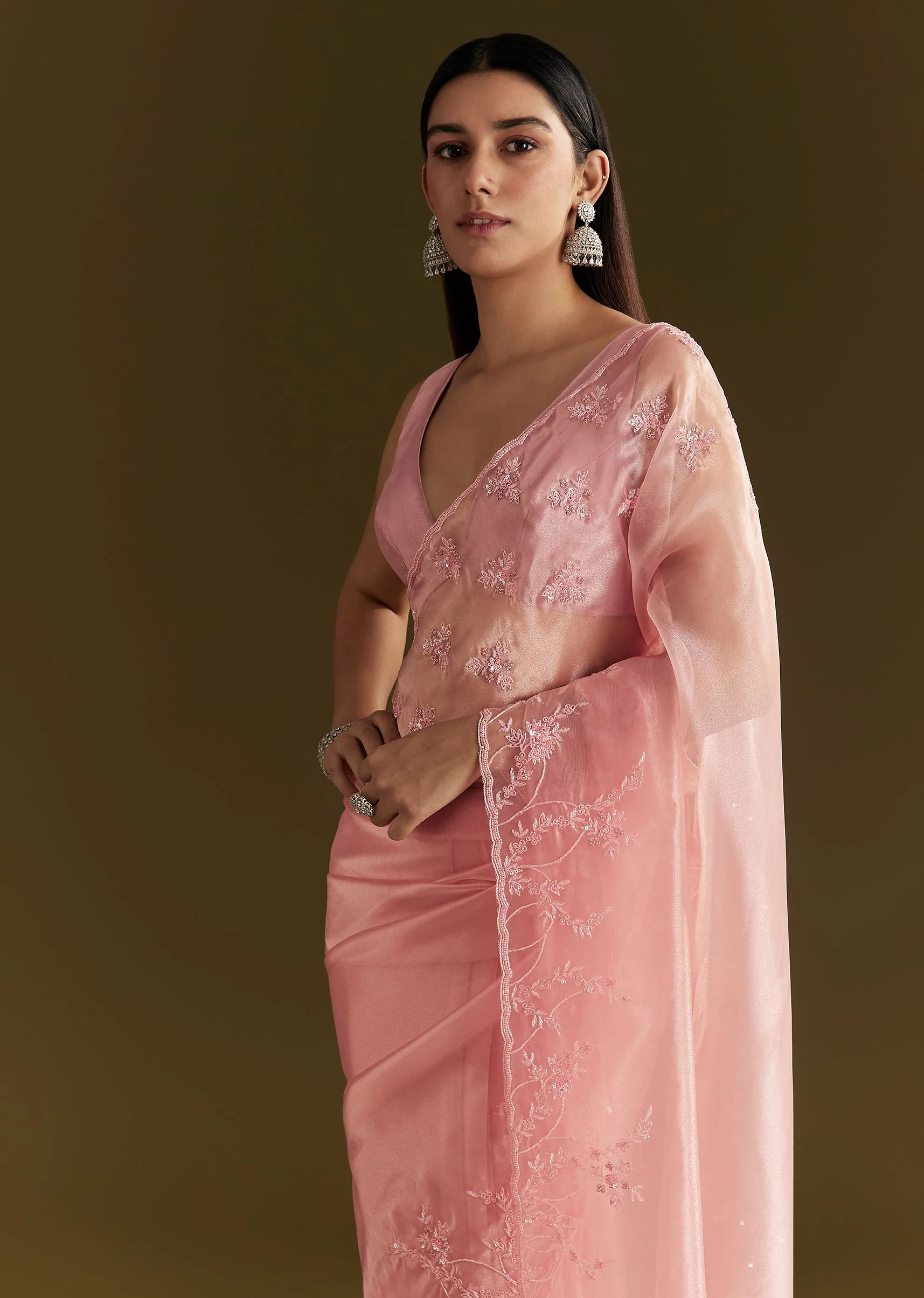 Pink Tissue Saree With Heavy Cutdana And Beads Embroidery
