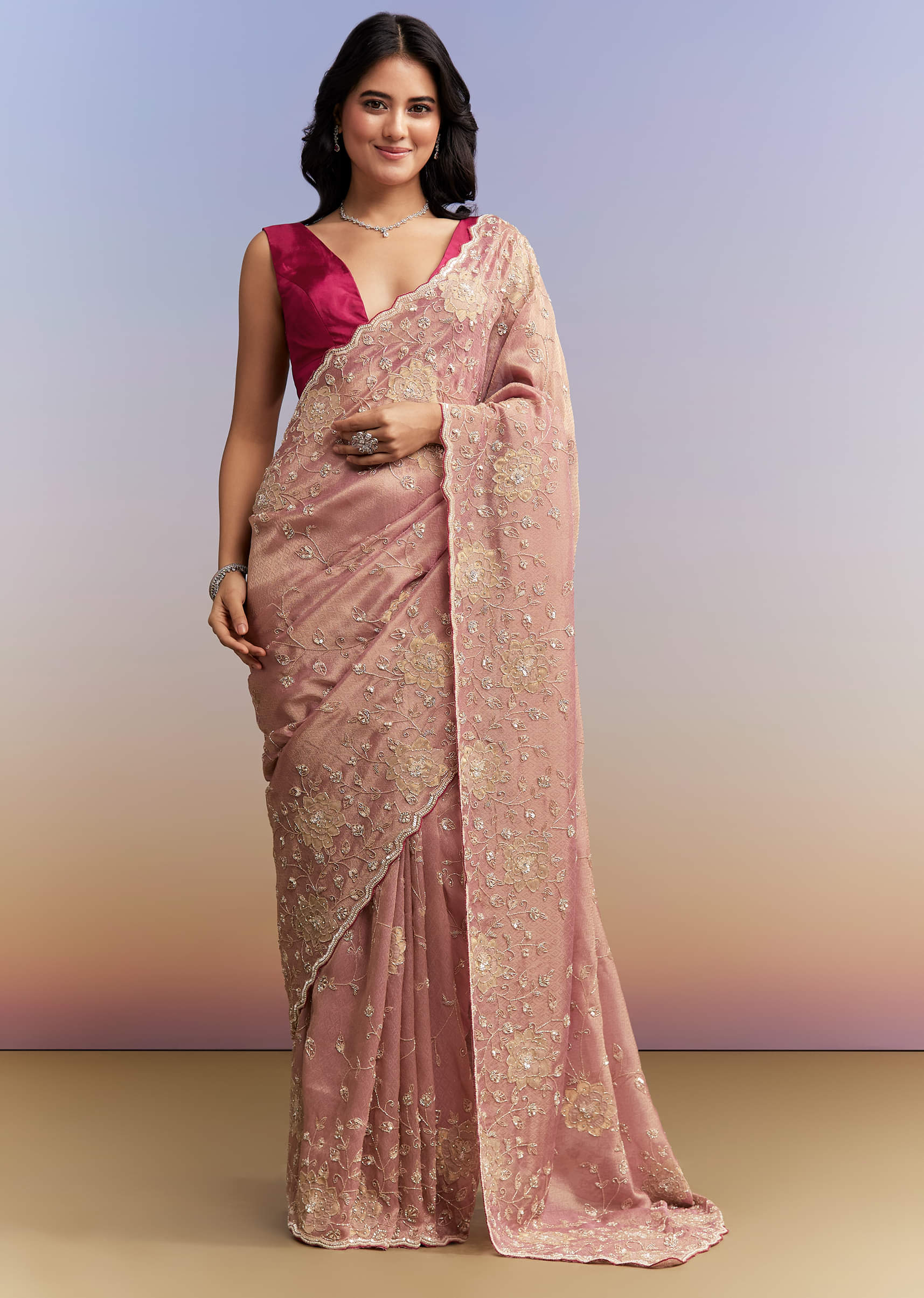 Pink Tissue Saree With Heavy Hand Embroidery - Image 3