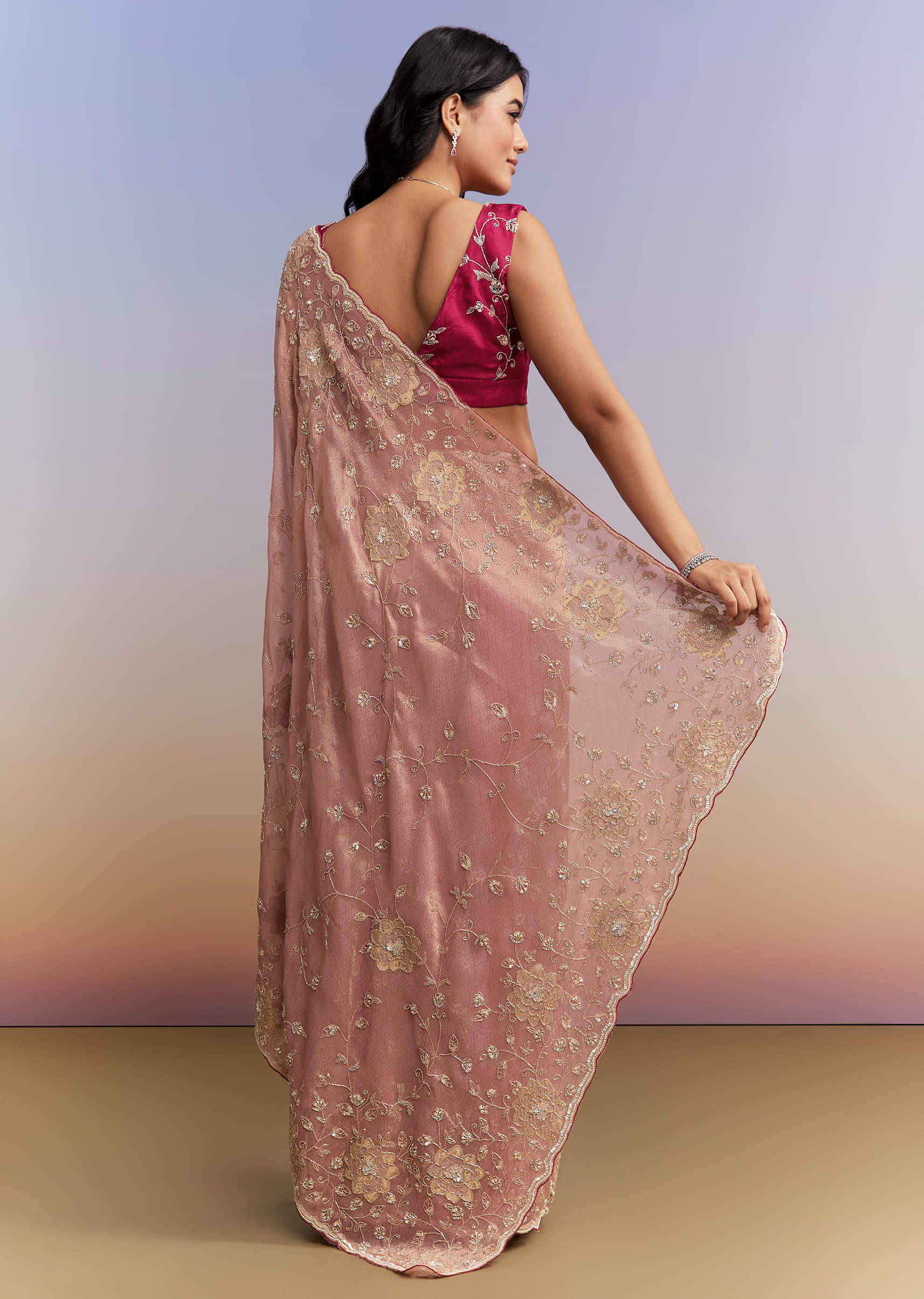 Pink Tissue Saree With Heavy Hand Embroidery - Image 4