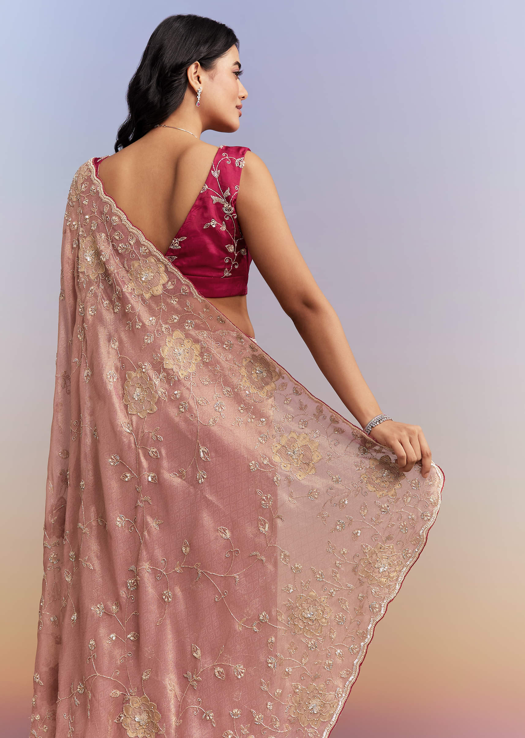 Pink Tissue Saree With Heavy Hand Embroidery - Image 6