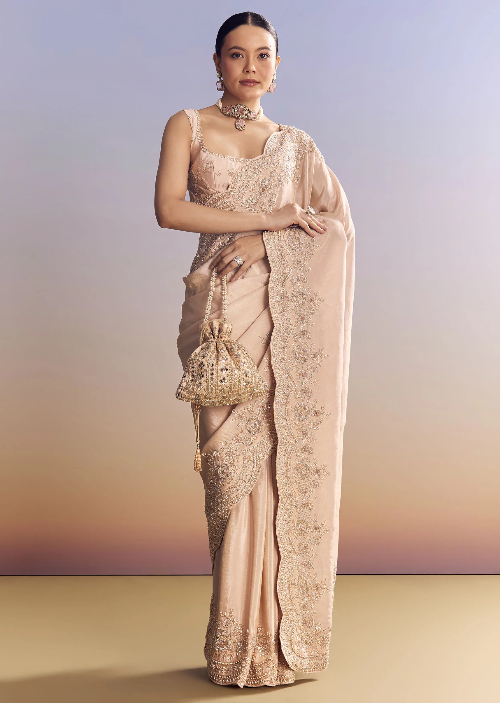 Pink Tissue Saree With Scallop Border - Image 3