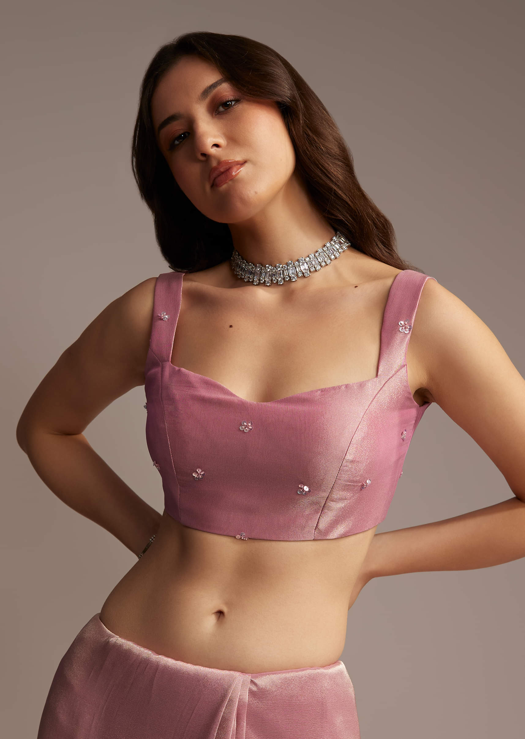 Pink Tissue Saree with Sequins and Cutdana Embroidery - Image 6