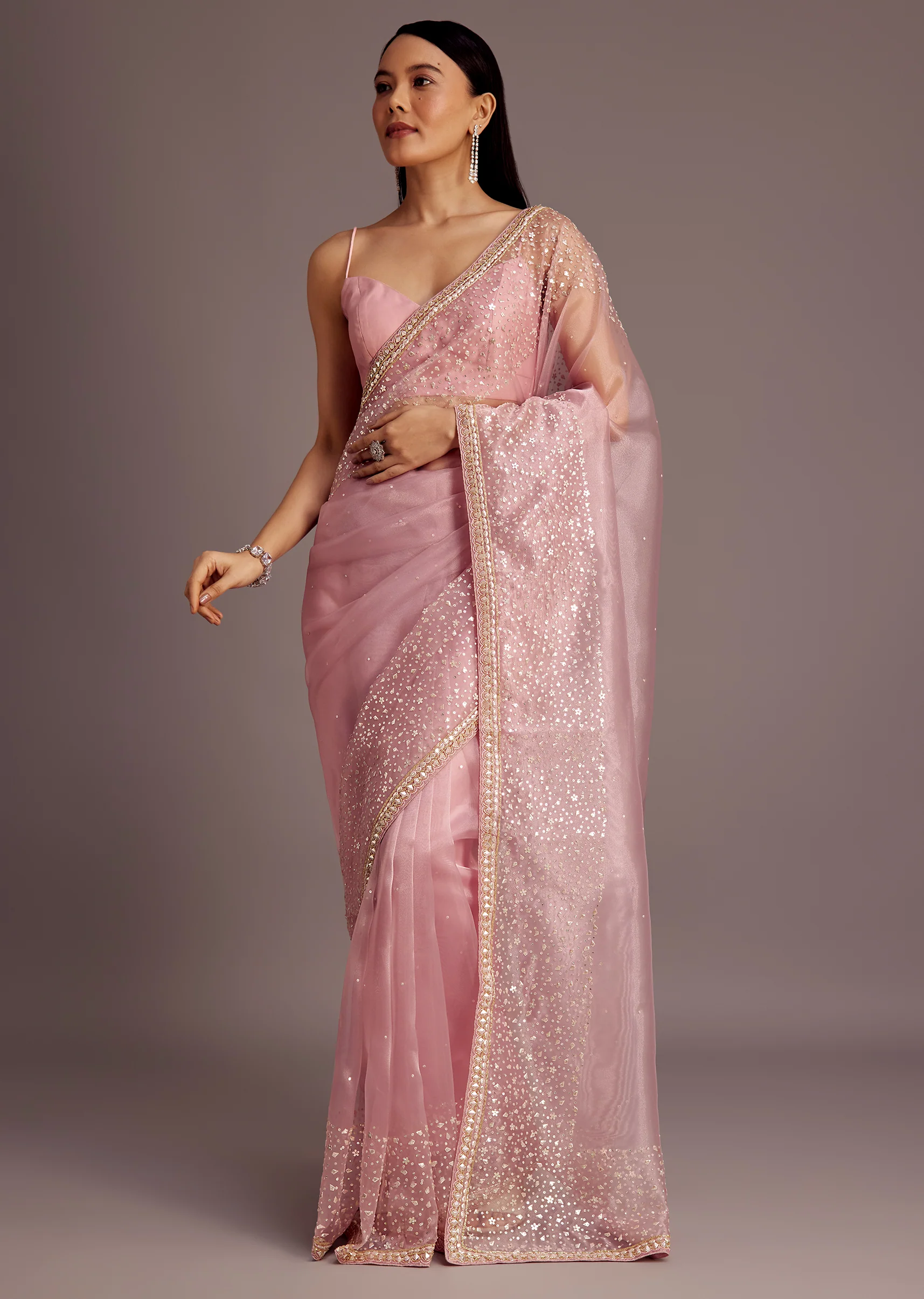 Pink Tissue Saree With Sequins Embellished Border - Image 2