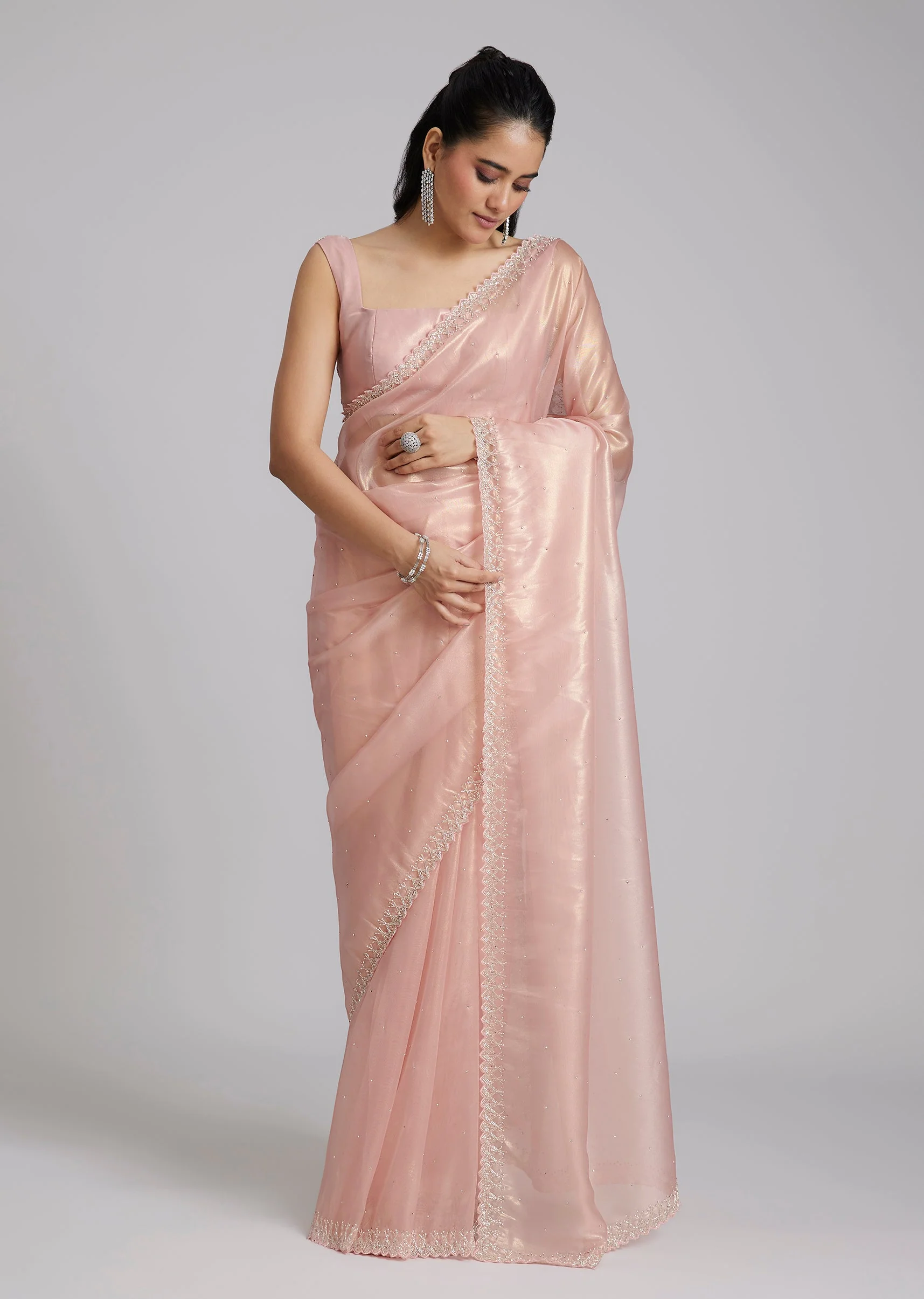 Pink Tissue Saree With Stones And Zigzag Border - Image 3