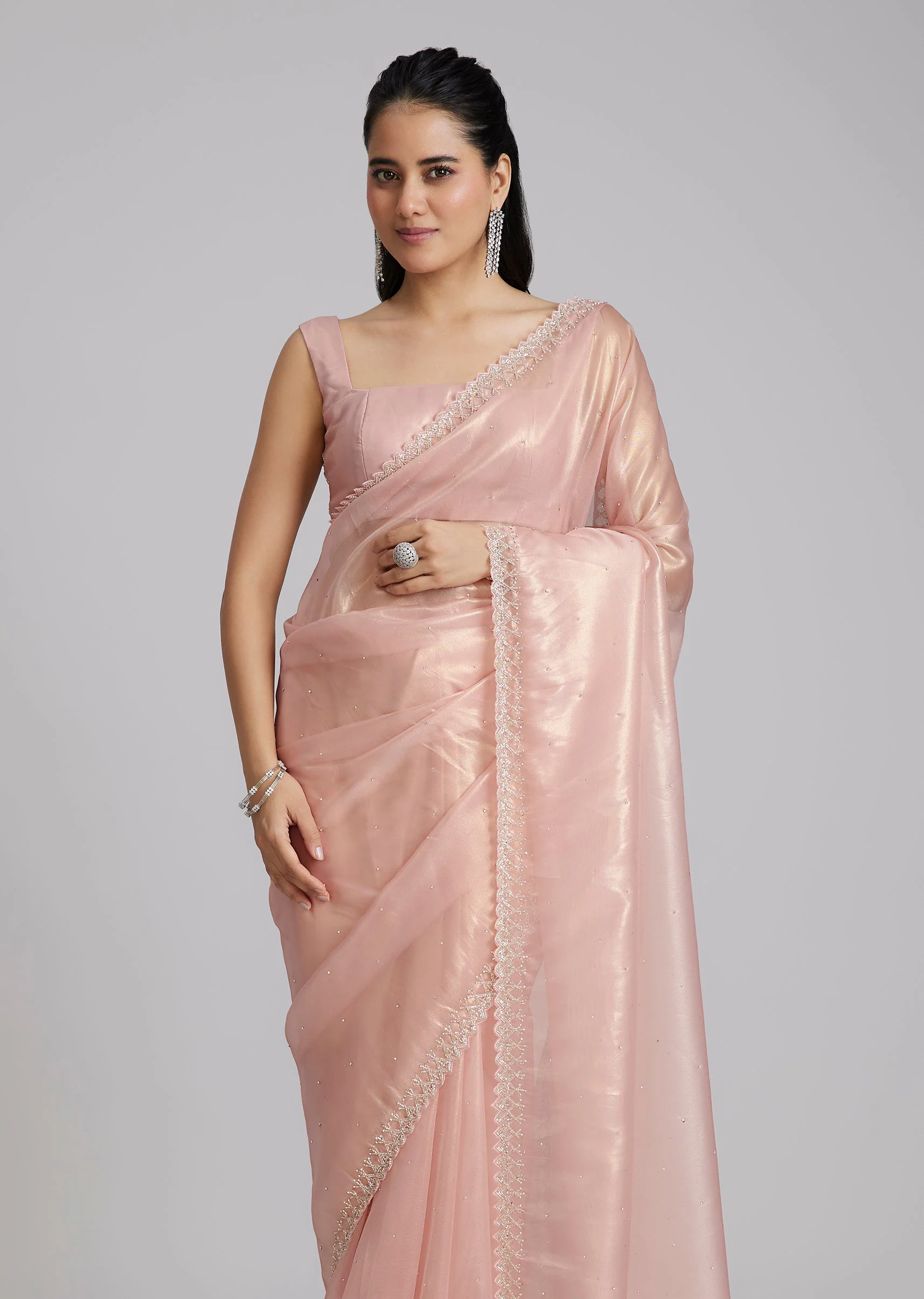 Pink Tissue Saree With Stones And Zigzag Border - Image 5