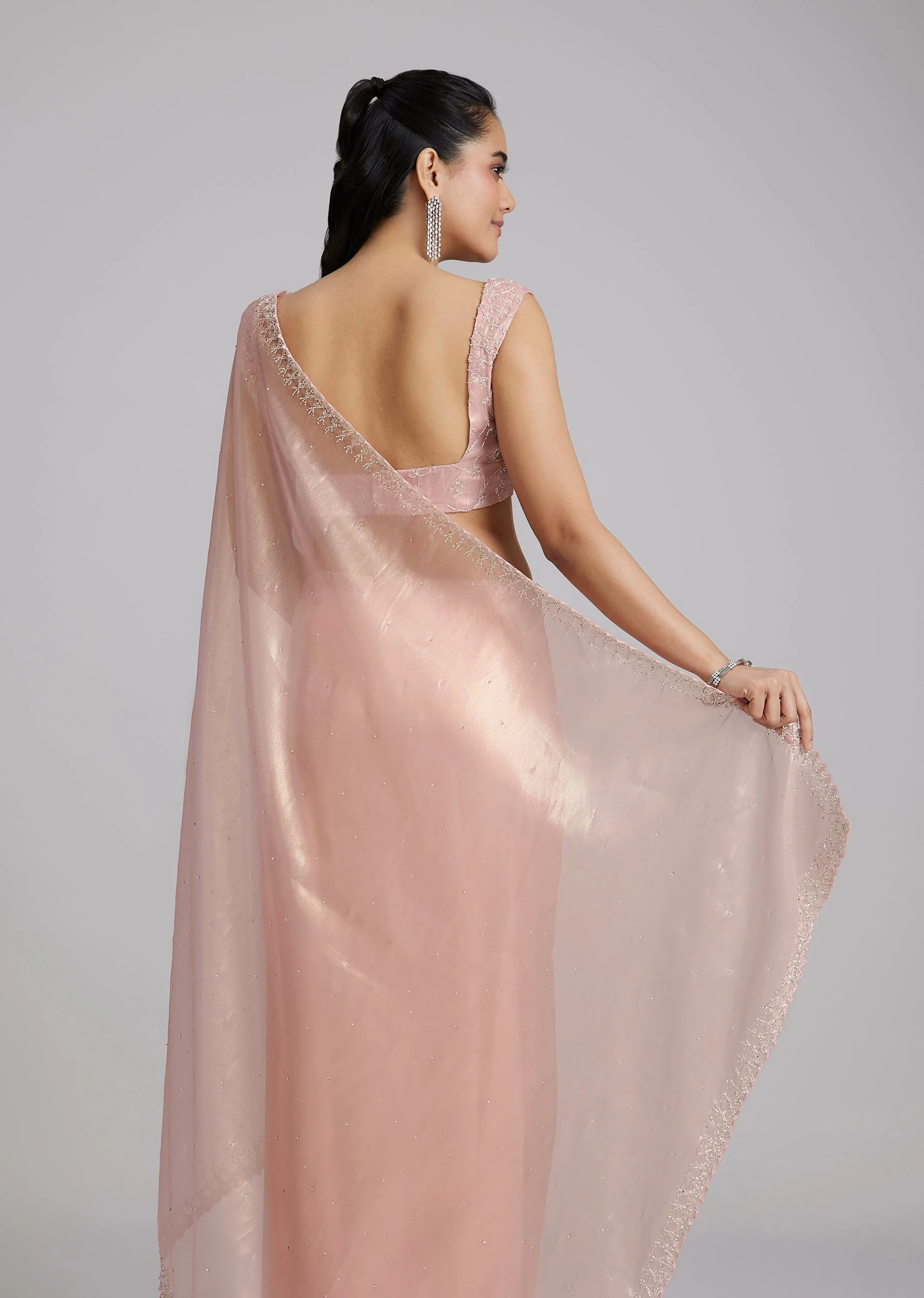 Pink Tissue Saree With Stones And Zigzag Border - Image 6
