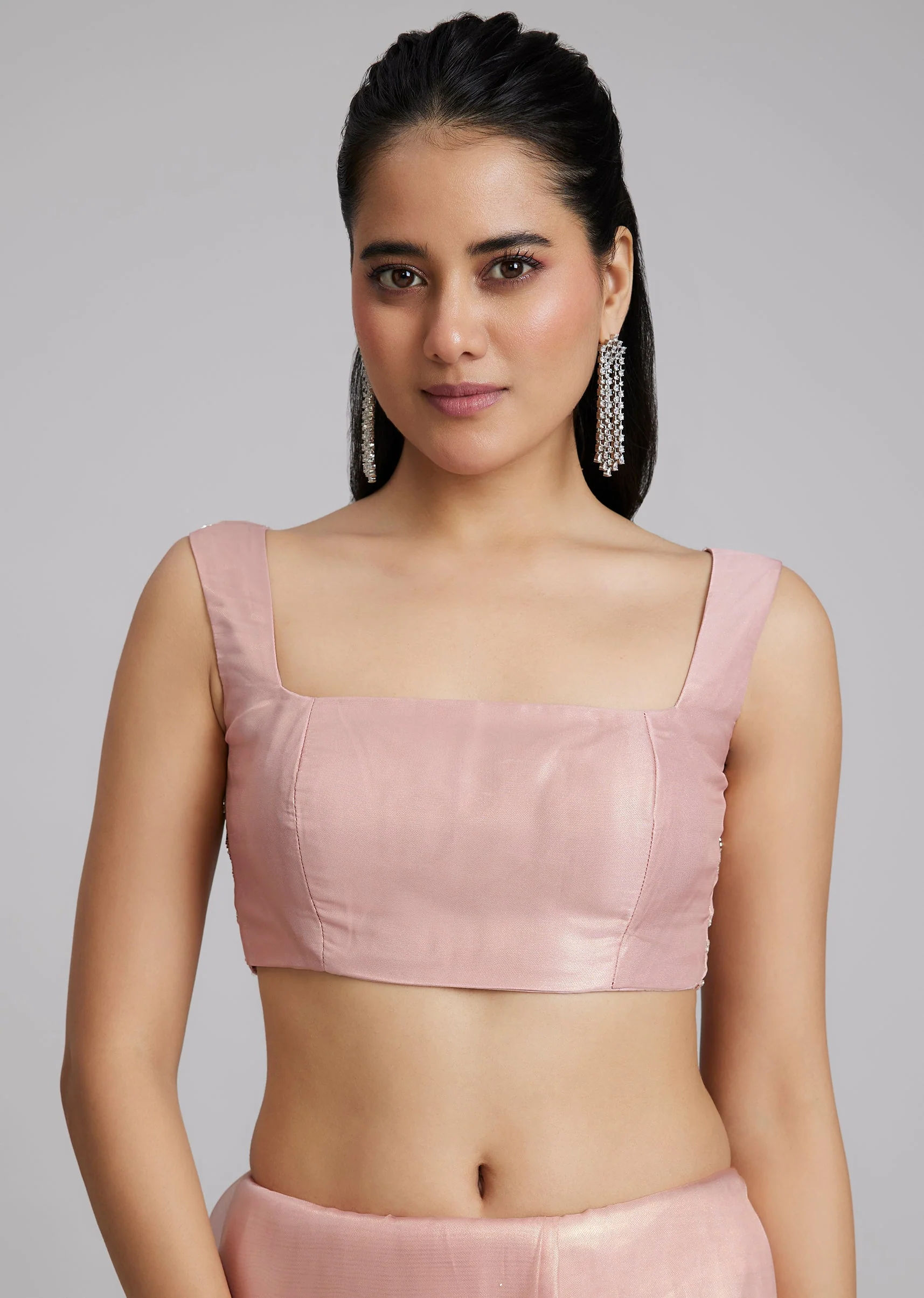 Pink Tissue Saree With Stones And Zigzag Border - Image 7