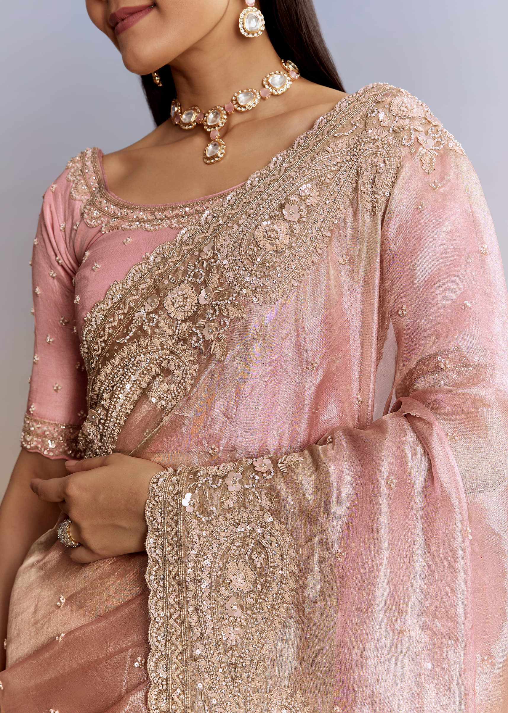 Pink Tissue Saree With Zardosi Moti And Cutdana Blouse - Image 2