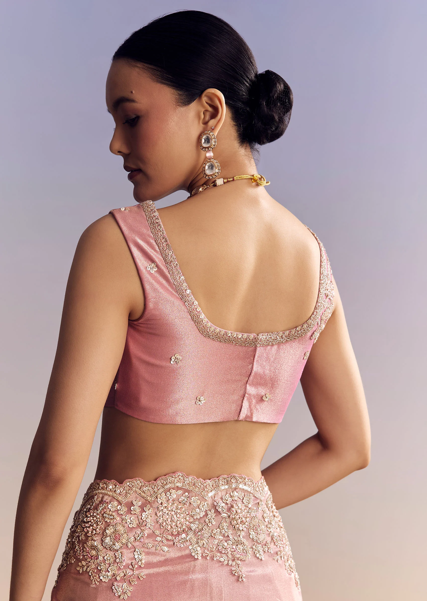 Pink Tissue Silk Saree With Scalloped Border - Image 8