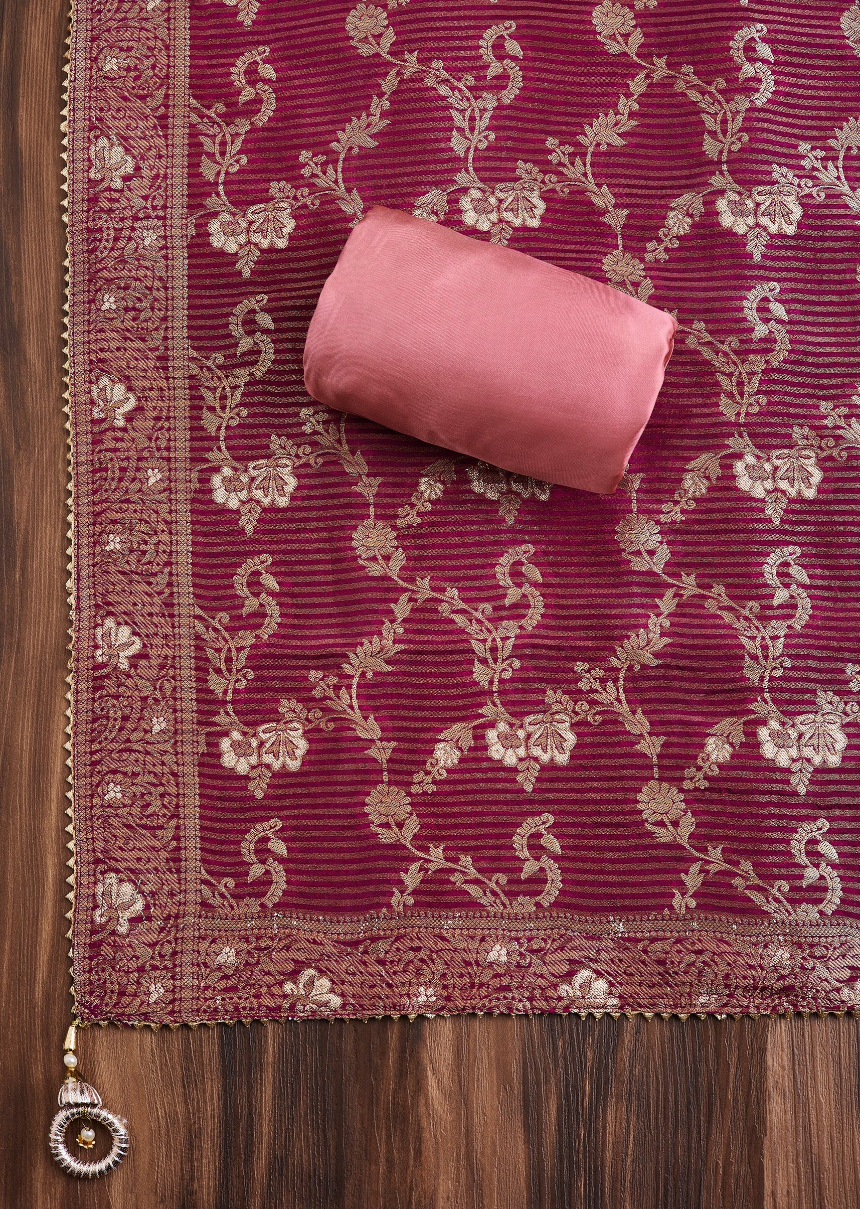 Pink Tissue Unstitched Suit with Contrast Dupatta - Image 3