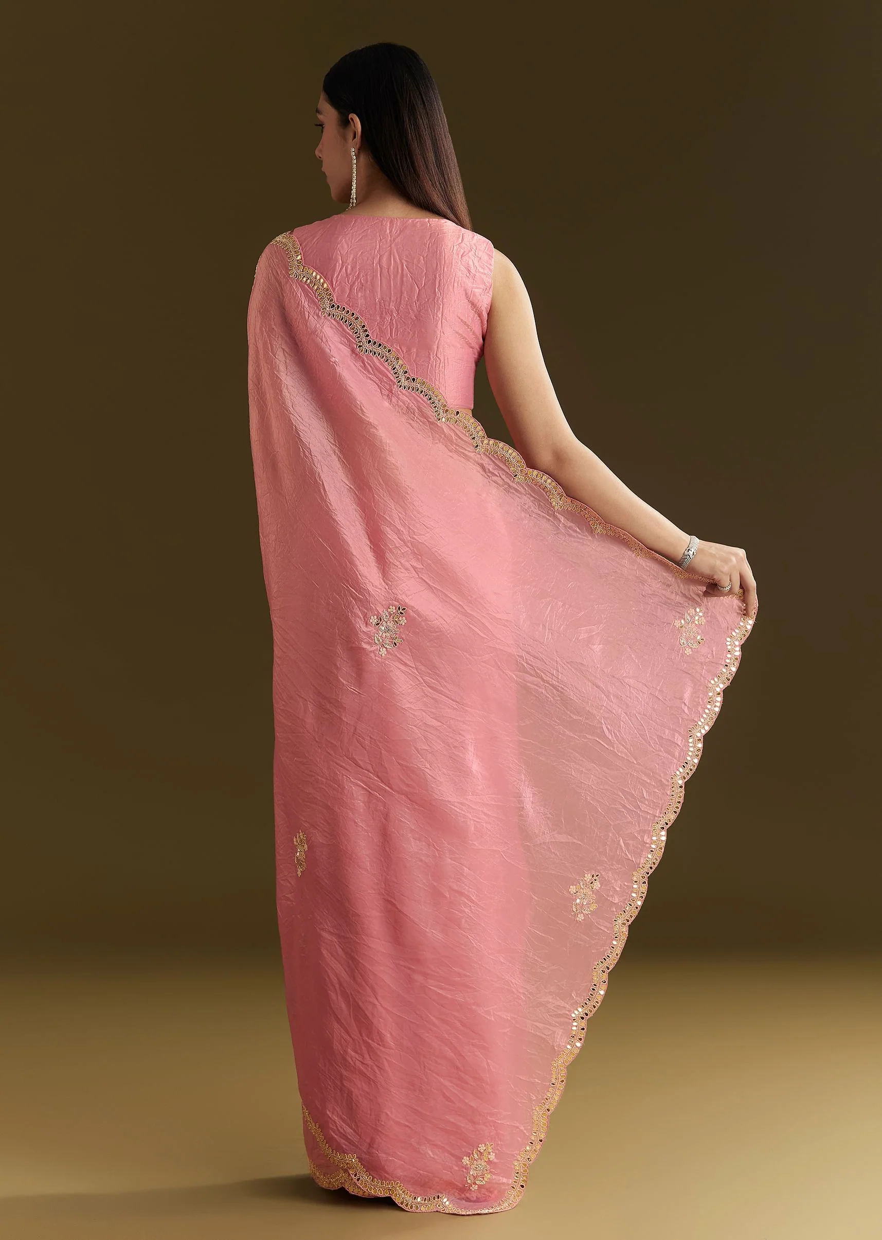 Pink Tissue Zardozi Saree With Scallop Border - Image 4
