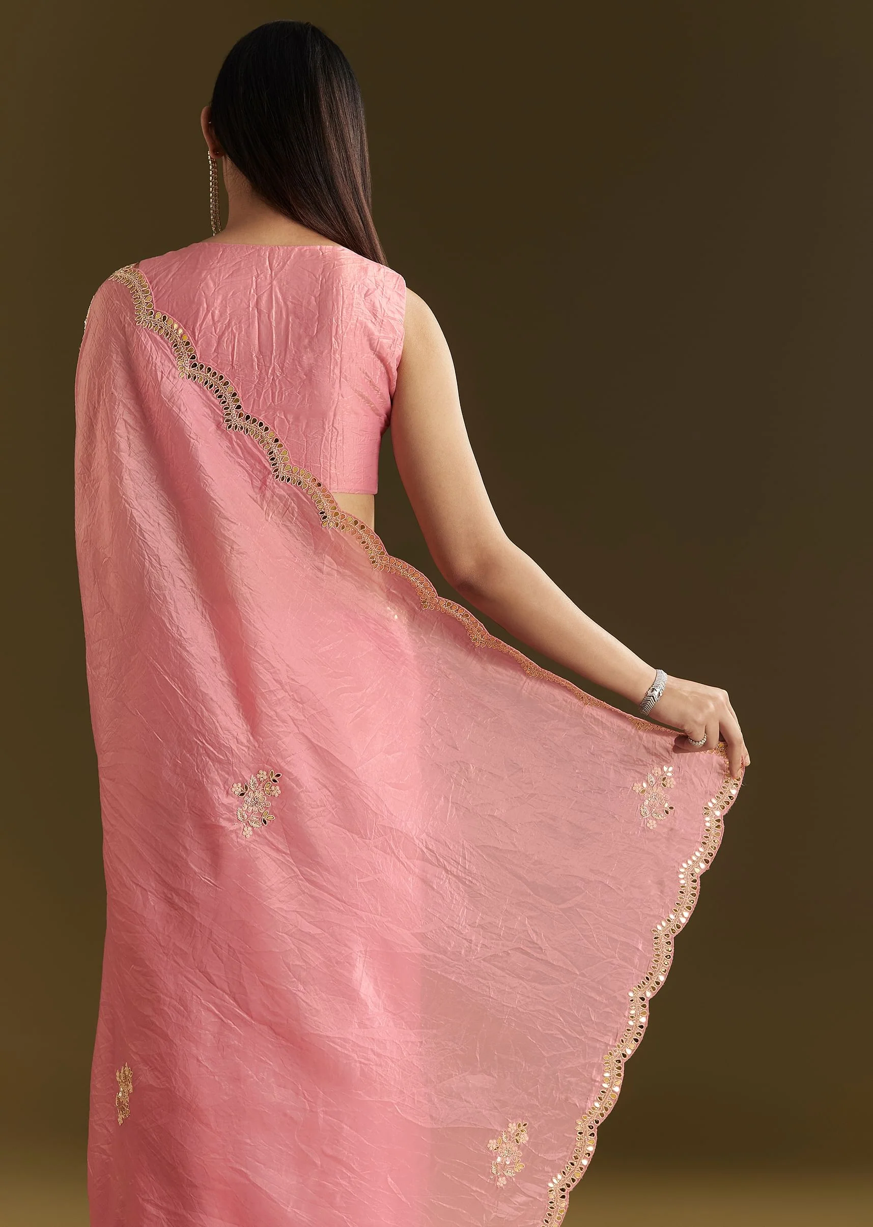 Pink Tissue Zardozi Saree With Scallop Border - Image 6