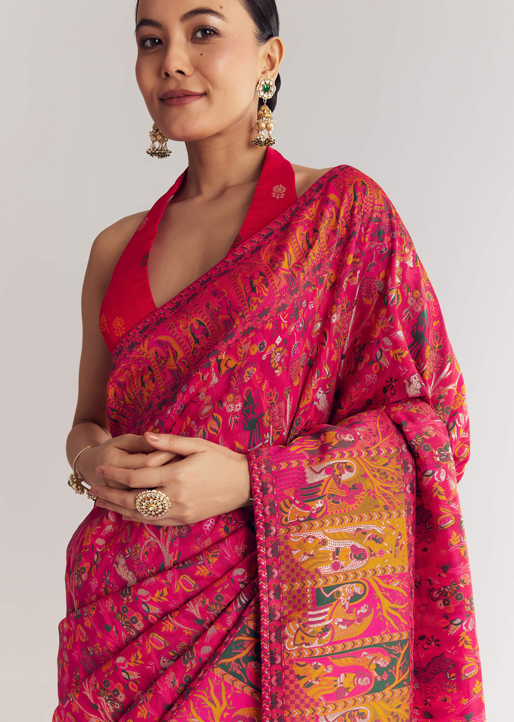 Pink Traditional Element Printed Woven Saree - Image 3