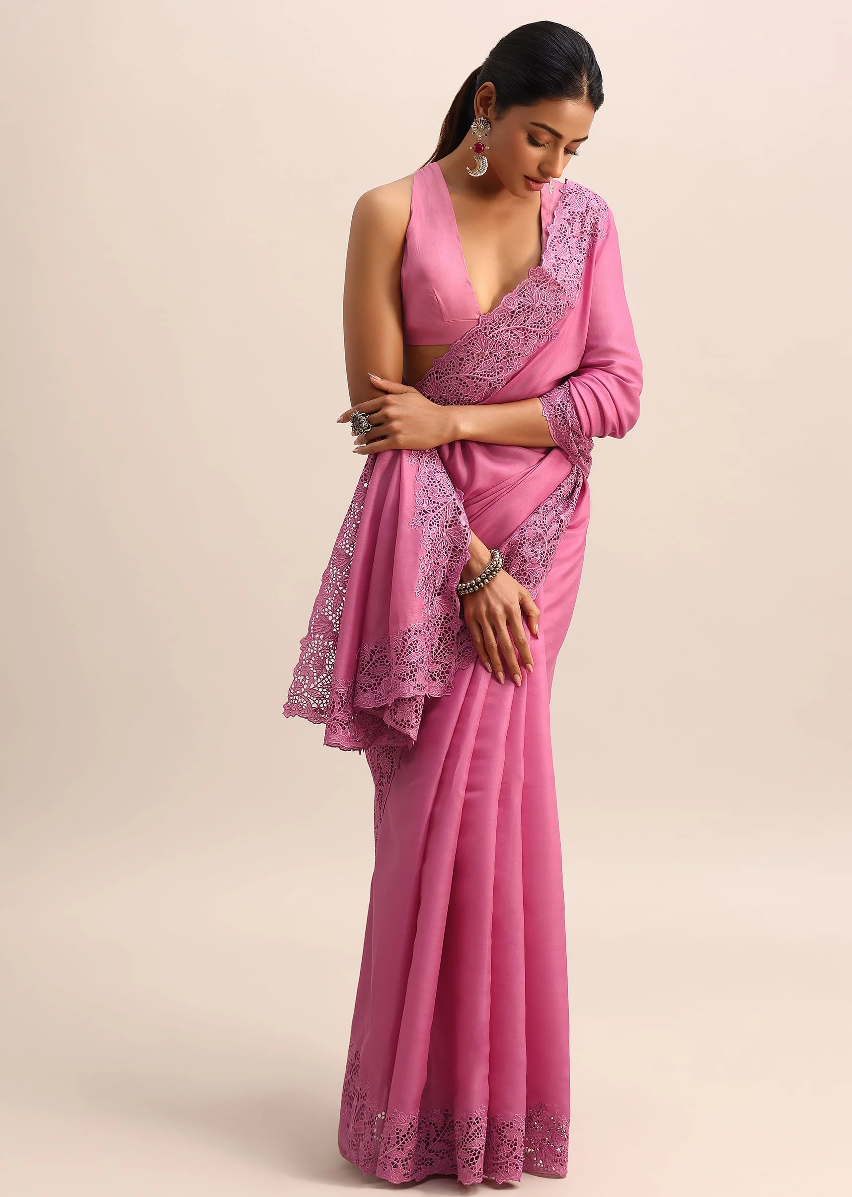 Pink Tussar Silk Saree With Thread And Cutwork On Border Pallu With Unstitched Blouse - Image 3