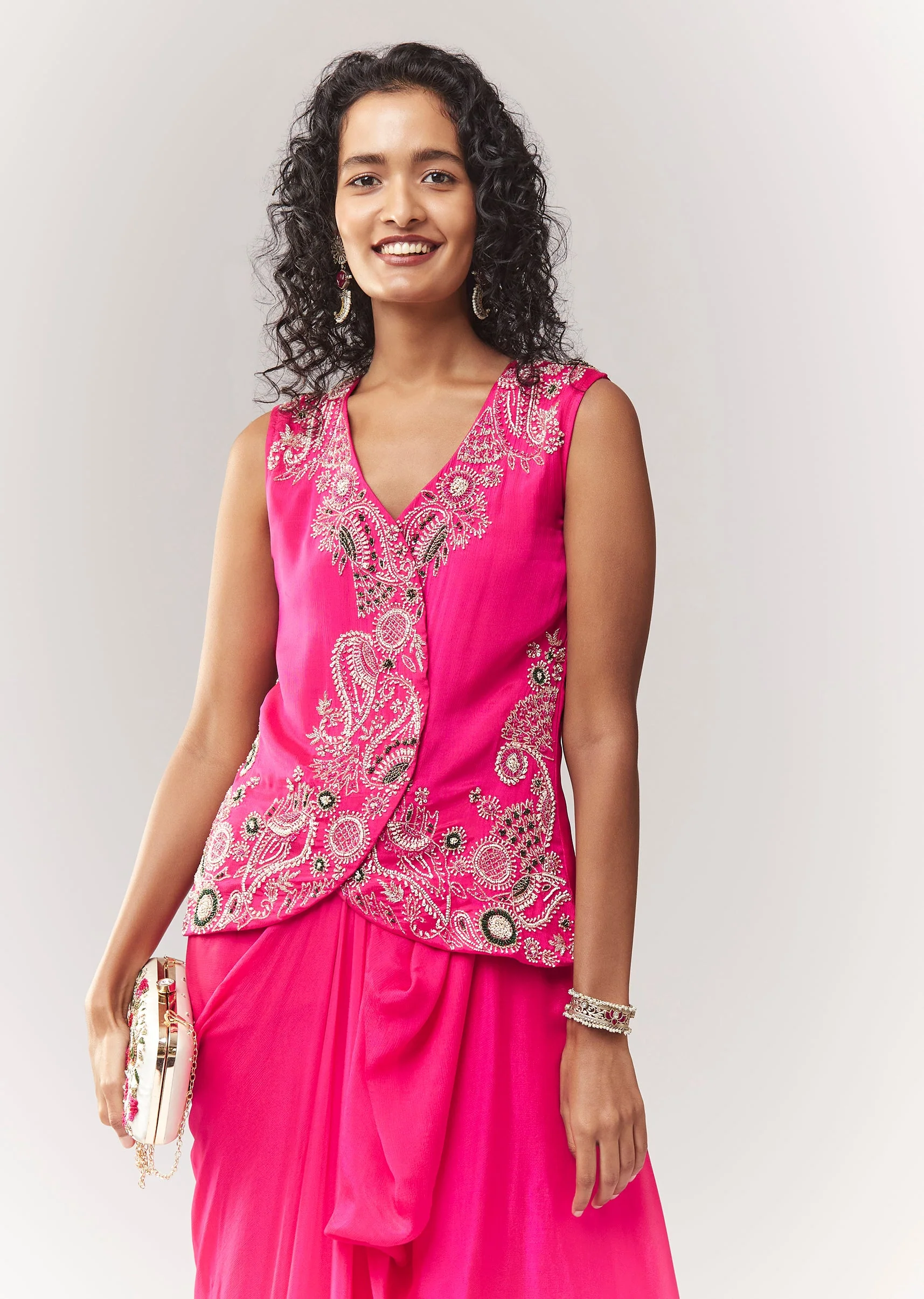 Pink Vest Style Croptop With Cutdana And Drape Skirt Set - Image 4