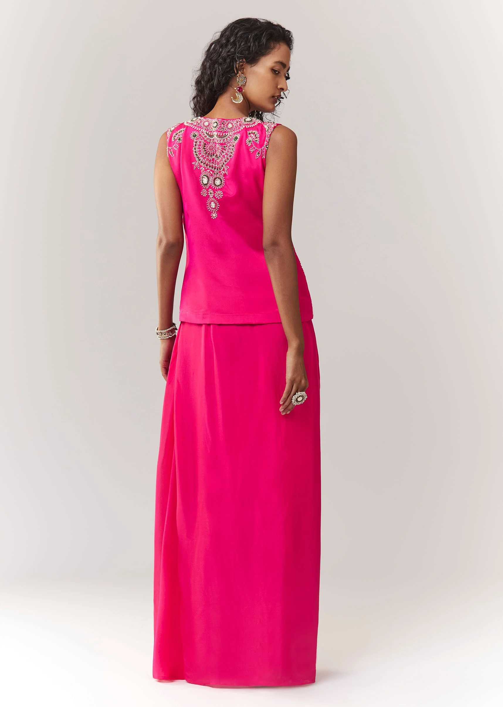 Pink Vest Style Croptop With Cutdana And Drape Skirt Set - Image 5