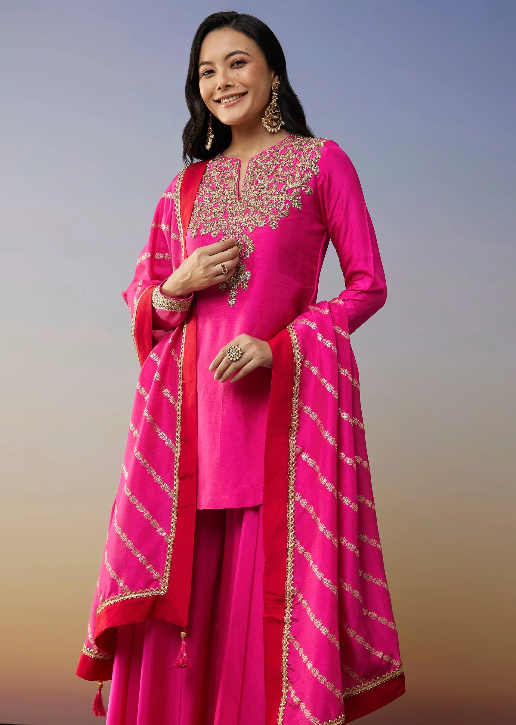 Pink Viscose Satin Palazzo Suit with Zardosi Work - Image 4