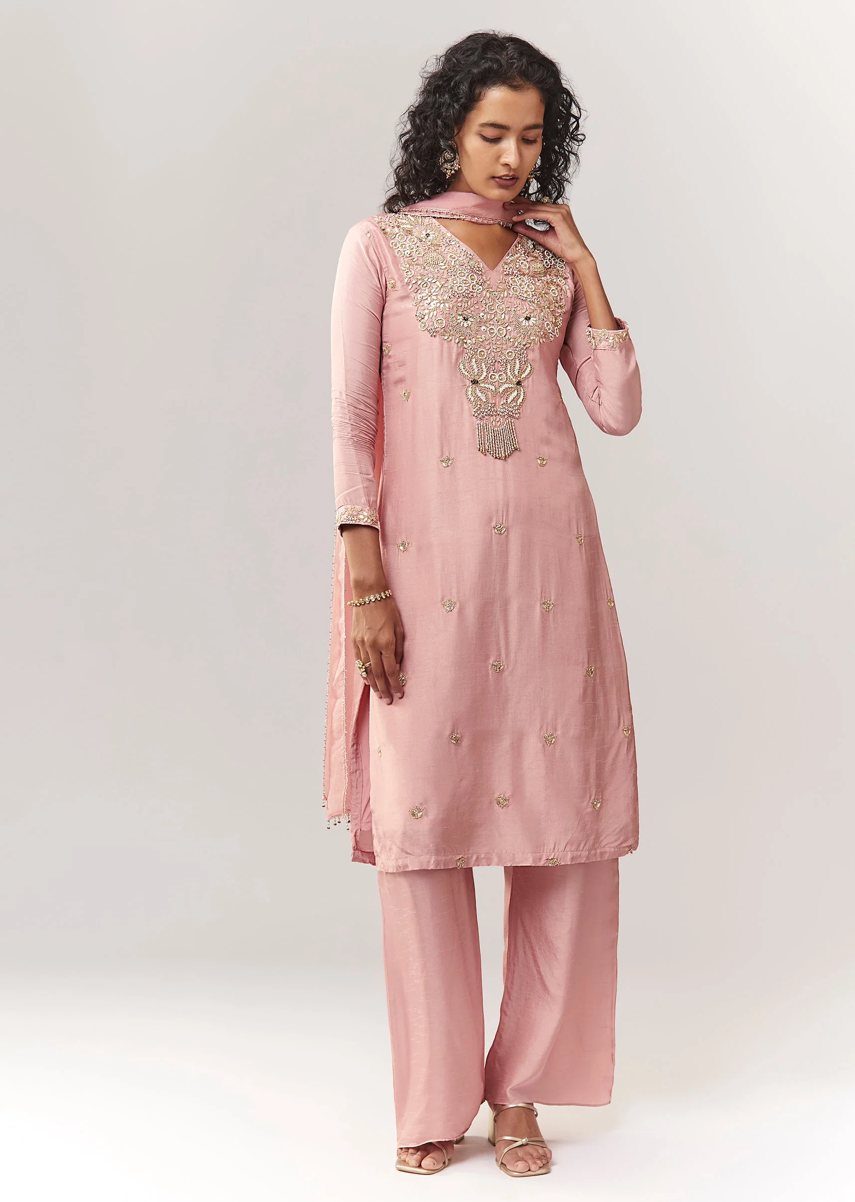 Pink Zardosi And Moti Work Kurta Palazzo Set With Dupatta - Image 3