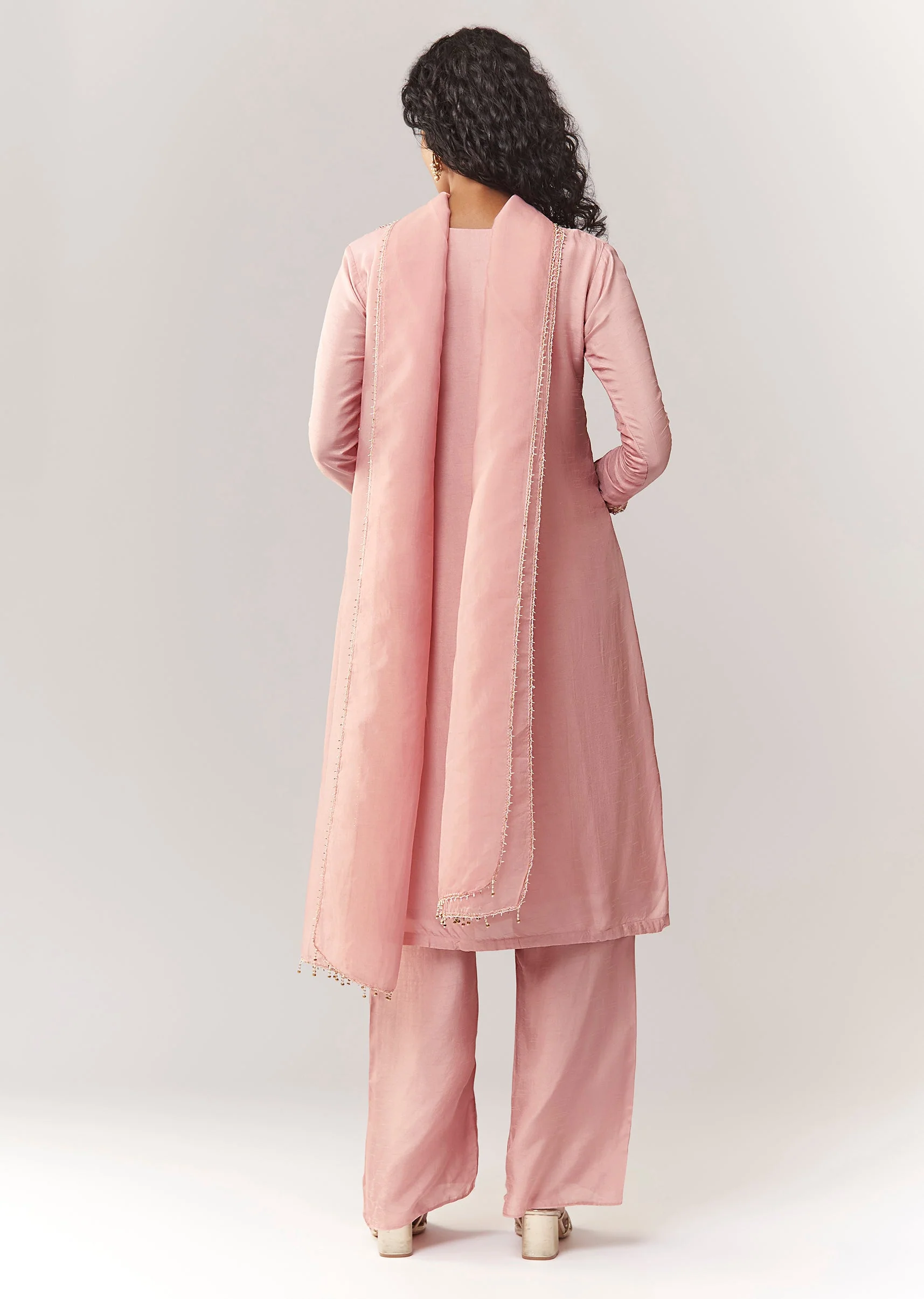 Pink Zardosi And Moti Work Kurta Palazzo Set With Dupatta - Image 5