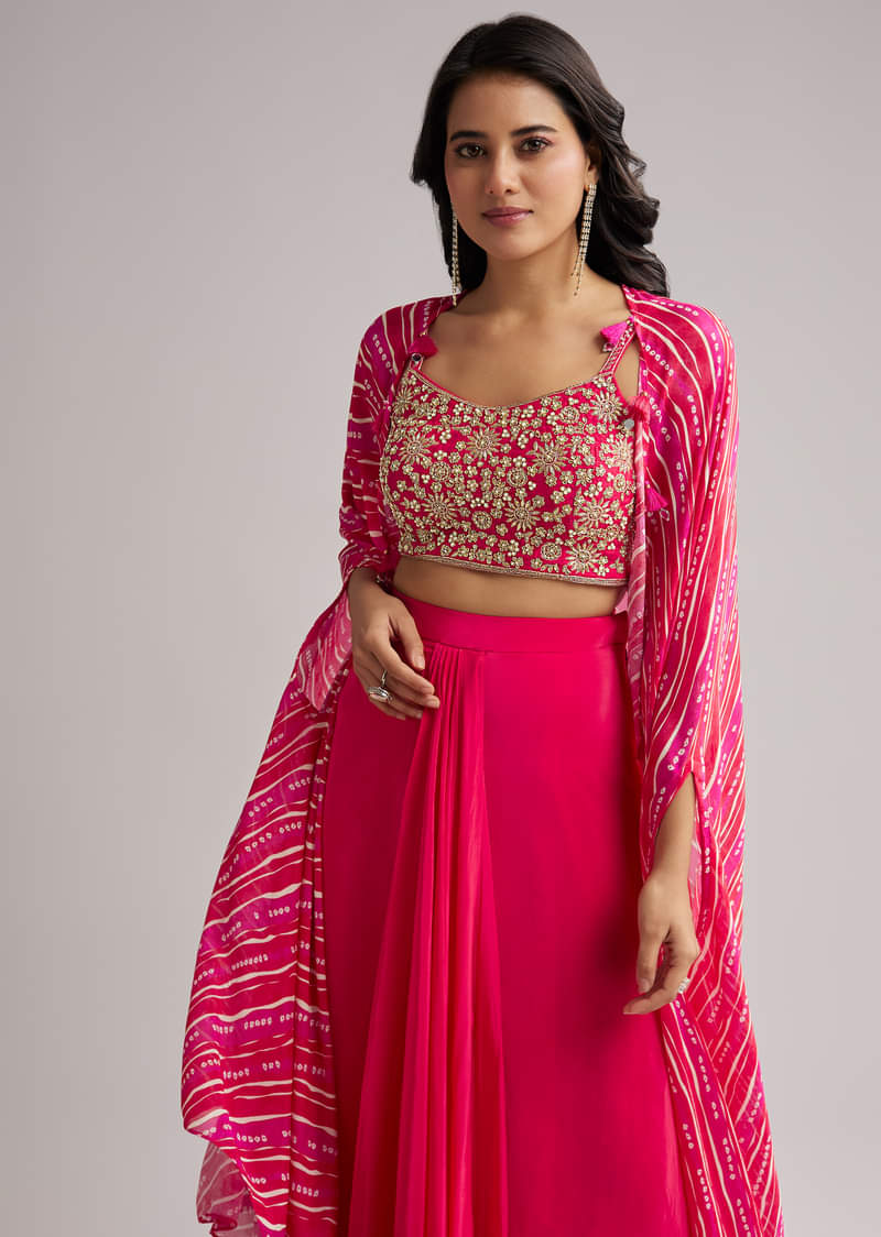 Pink Zardosi Cape Set With Crop Top And Skirt - Image 3