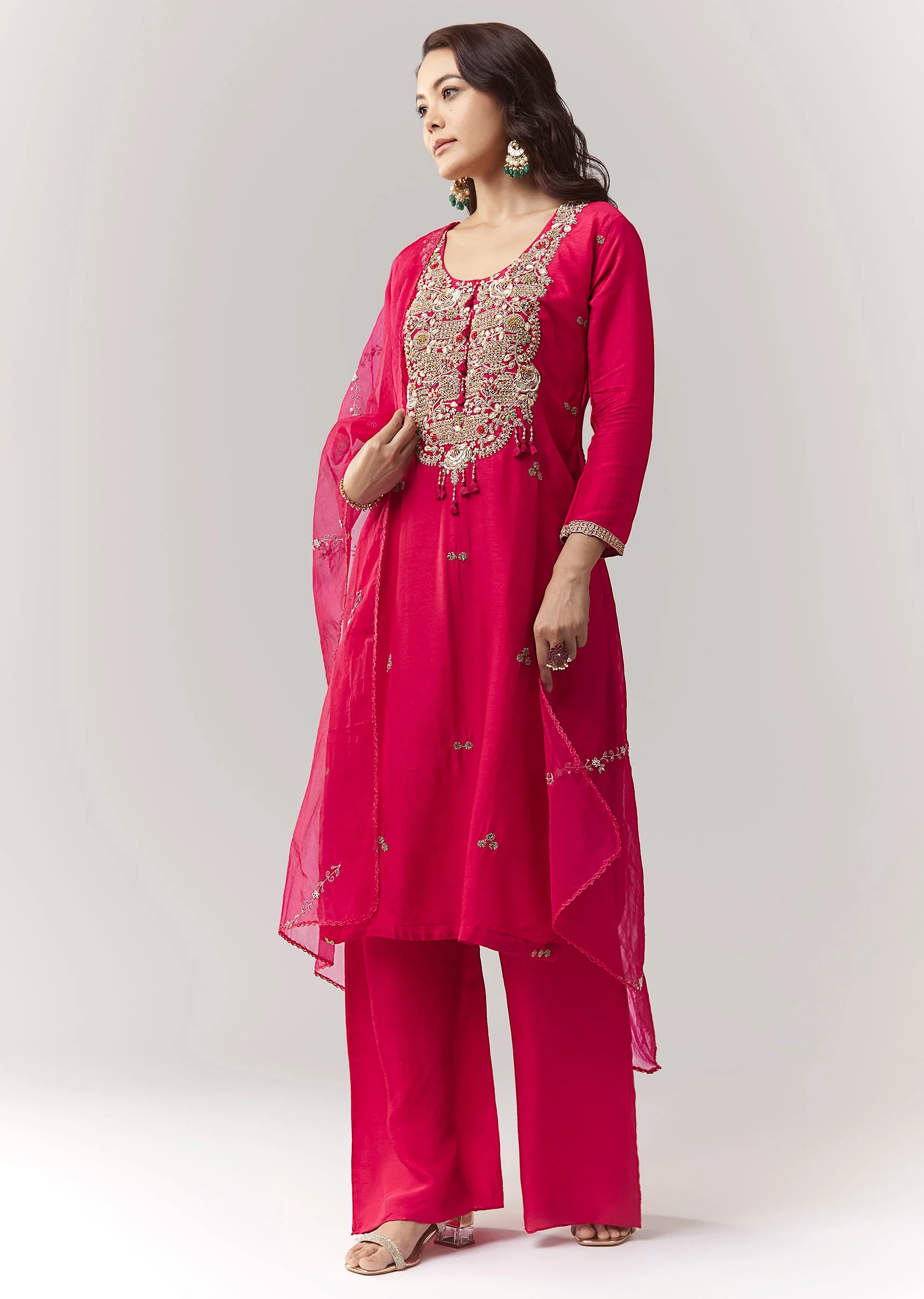Pink Zardosi Kurta Pant Set With Dupatta - Image 3