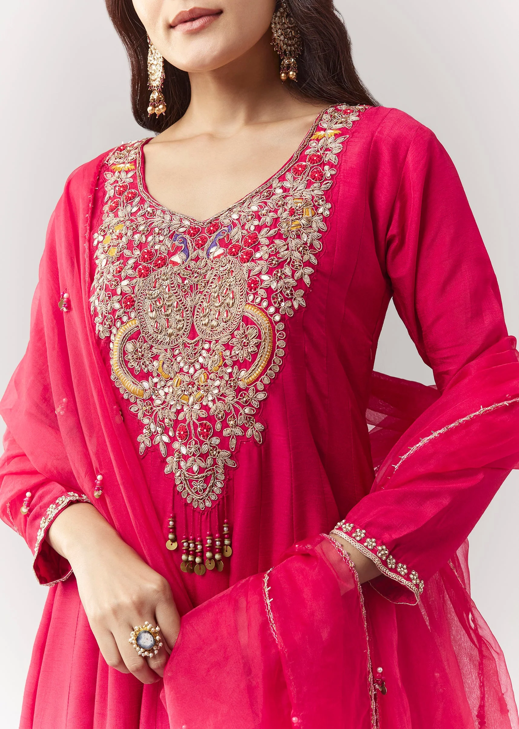 Pink Zardosi Sweetheart Anarkali Pant Set With Dupatta - Image 2