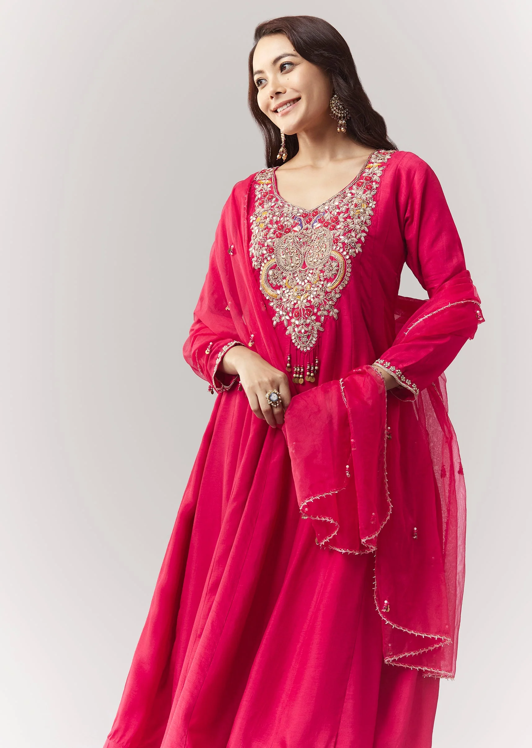 Pink Zardosi Sweetheart Anarkali Pant Set With Dupatta - Image 4