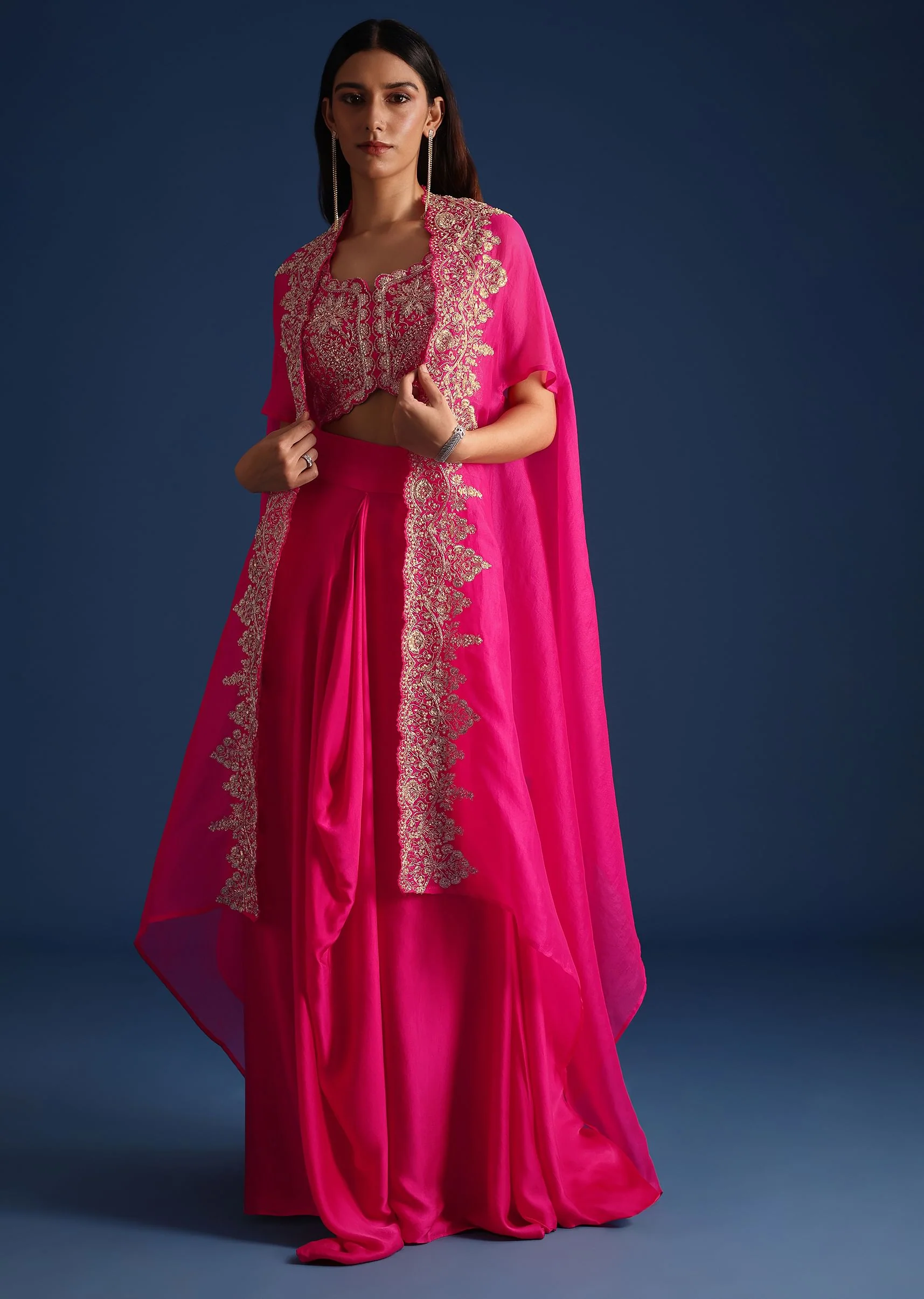 Pink Zardozi Embroidered Jacket With Skirt And Crop Top - Image 2