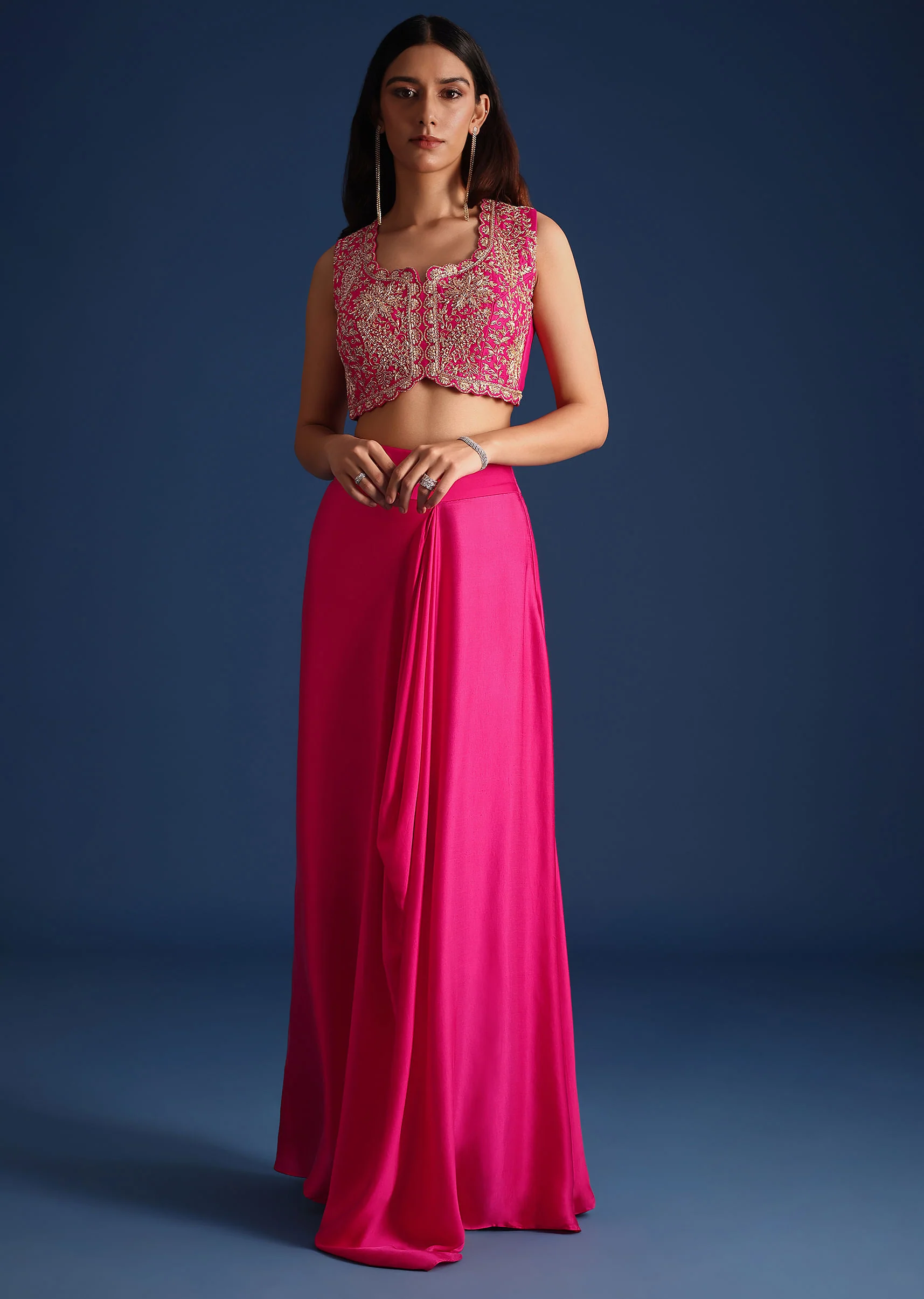 Pink Zardozi Embroidered Jacket With Skirt And Crop Top - Image 6