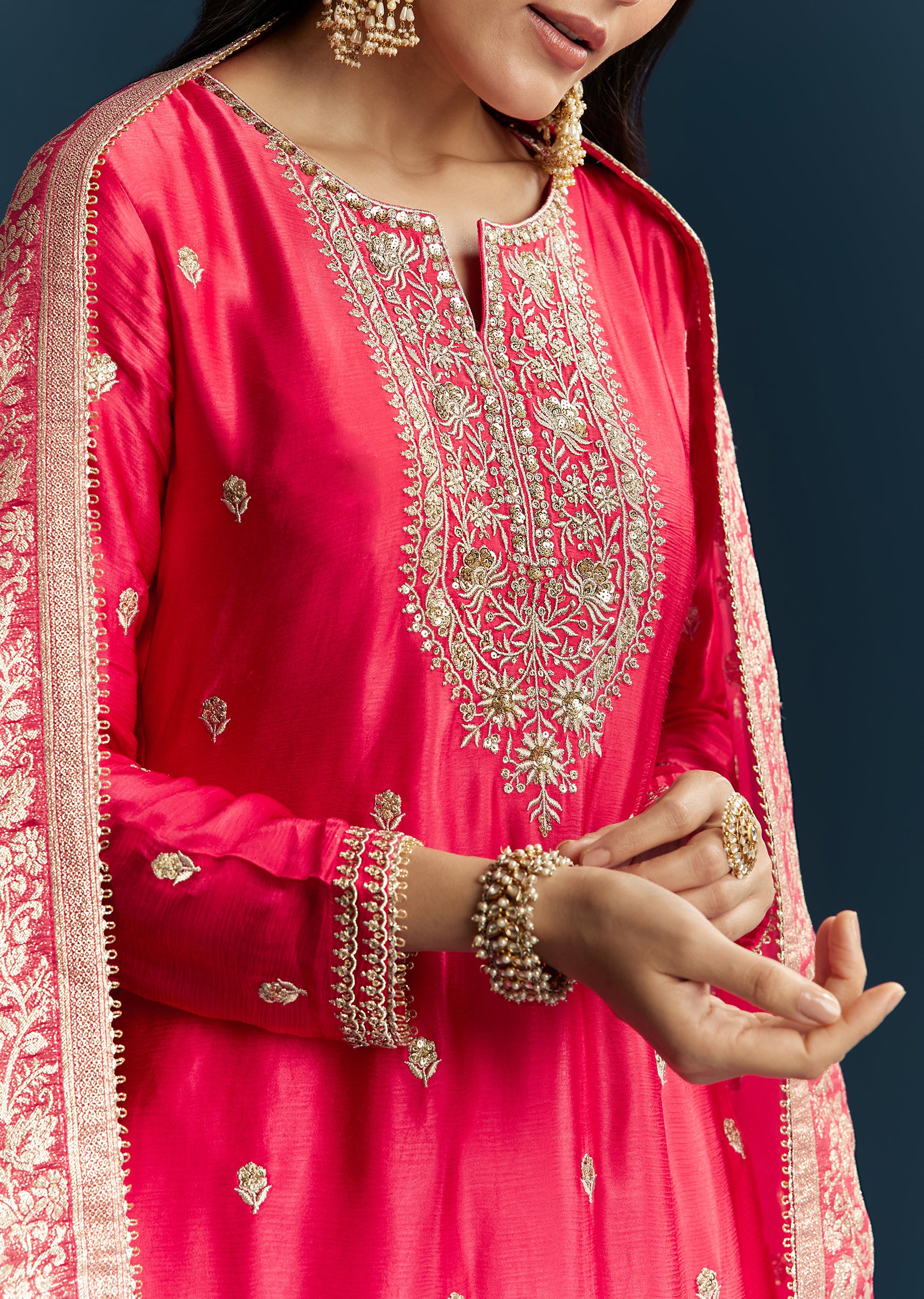 Pink Zari Palazzo Suit Set With Dupatta - Image 2